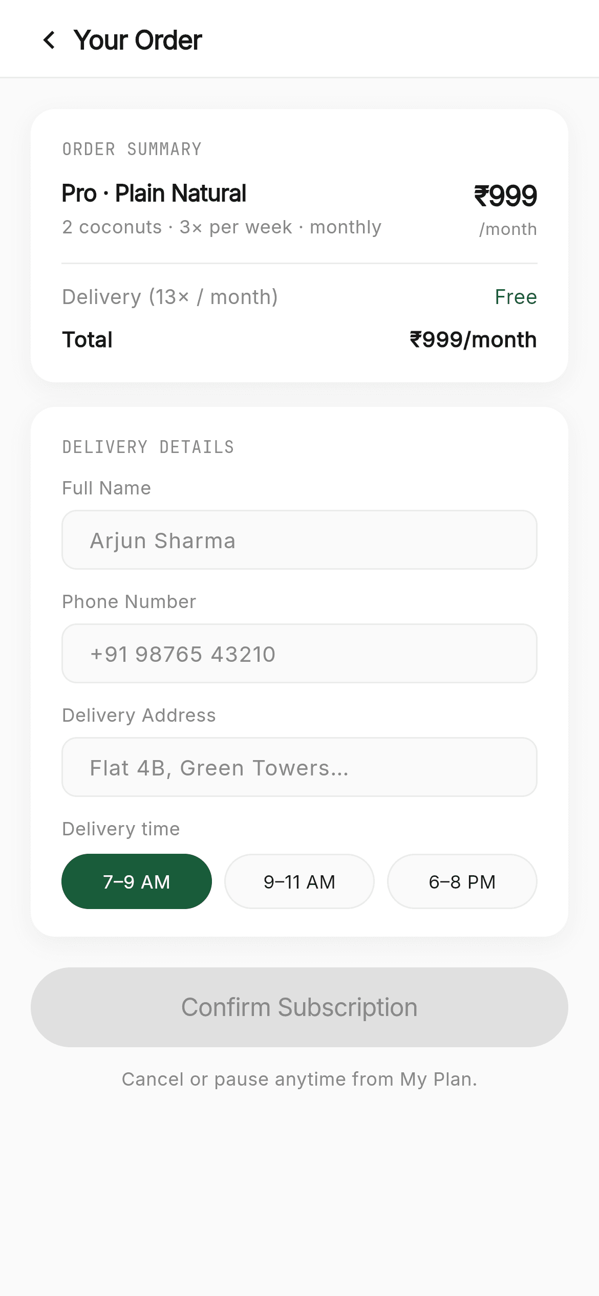 CocoNeer · Cart — Subscription Flutter screen