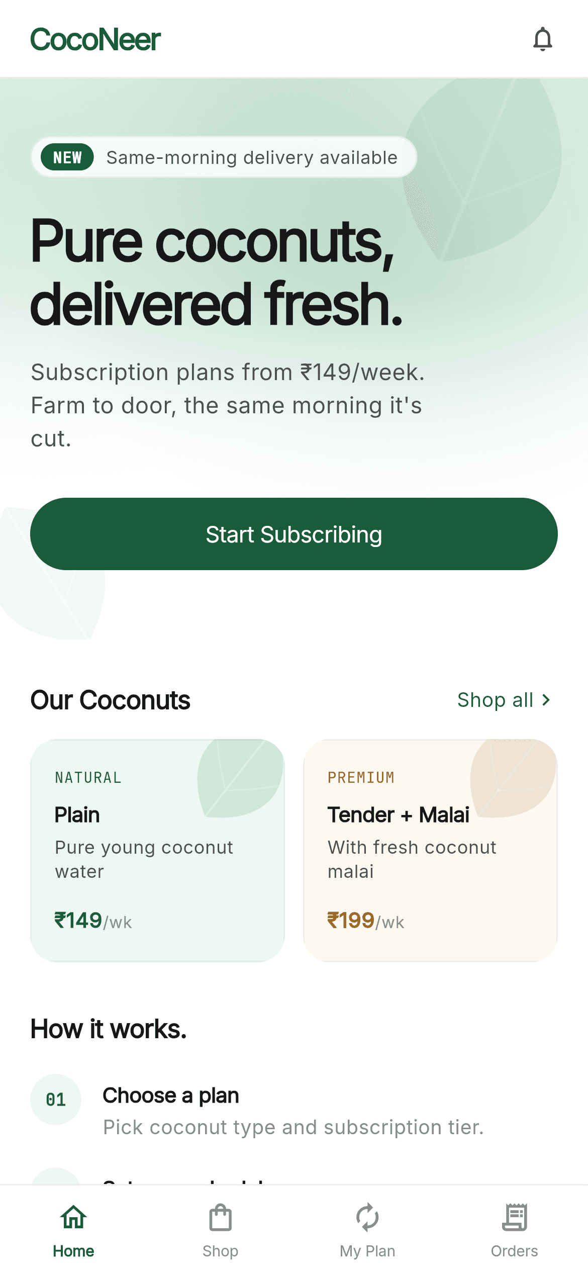 CocoNeer · Home — Subscription Flutter screen