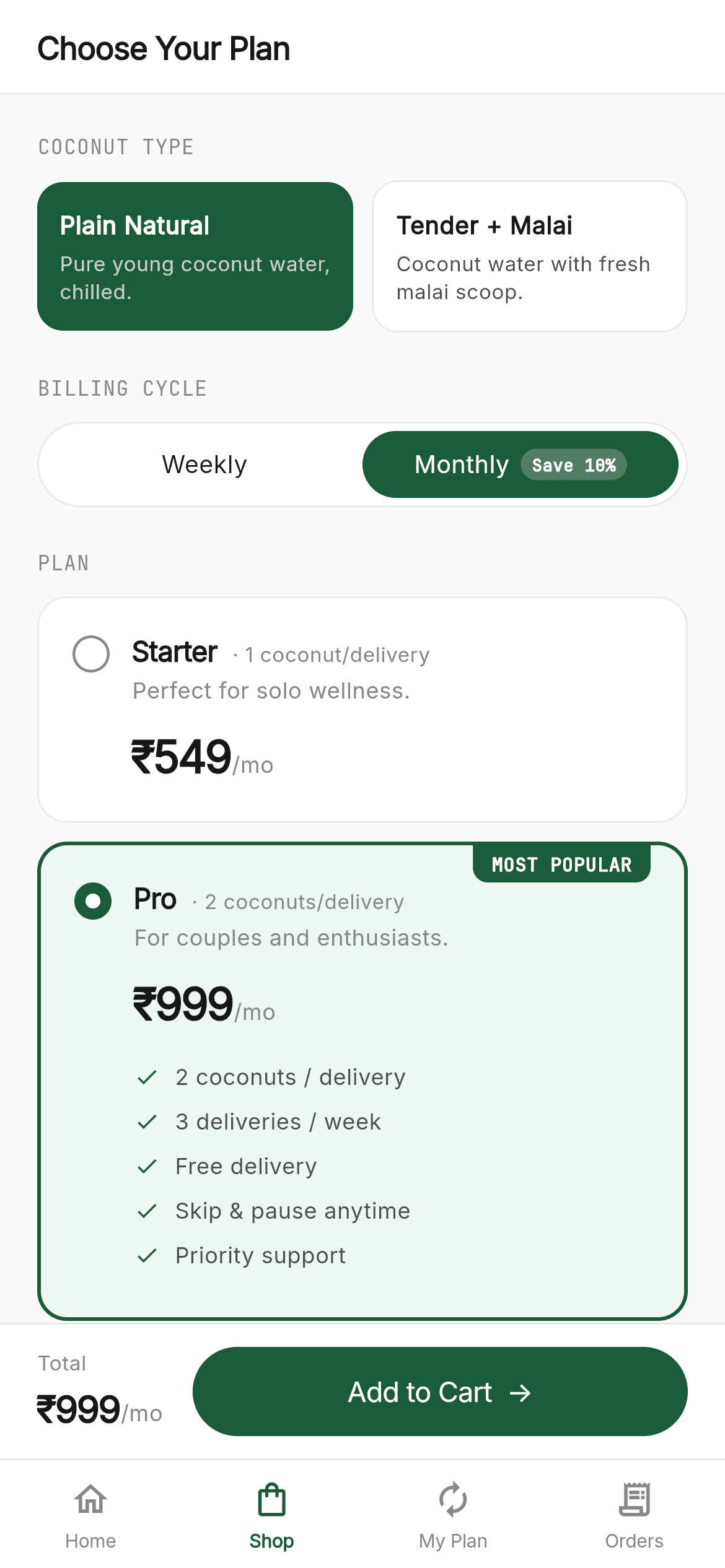 CocoNeer · Shop — Subscription Flutter UI screen