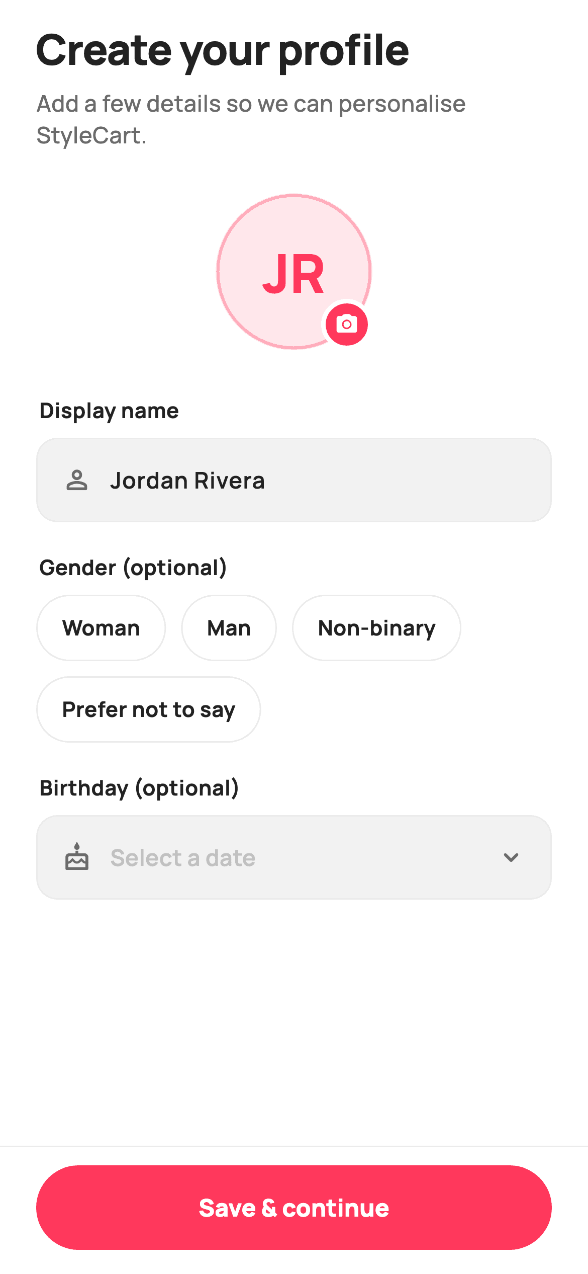 Create Profile — E-commerce Flutter screen