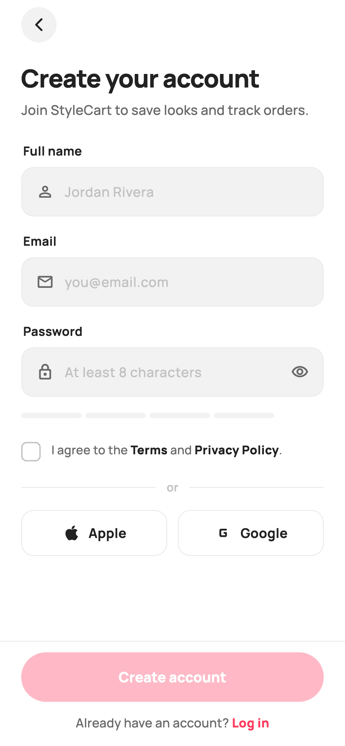 Create Account — E-commerce Flutter screen
