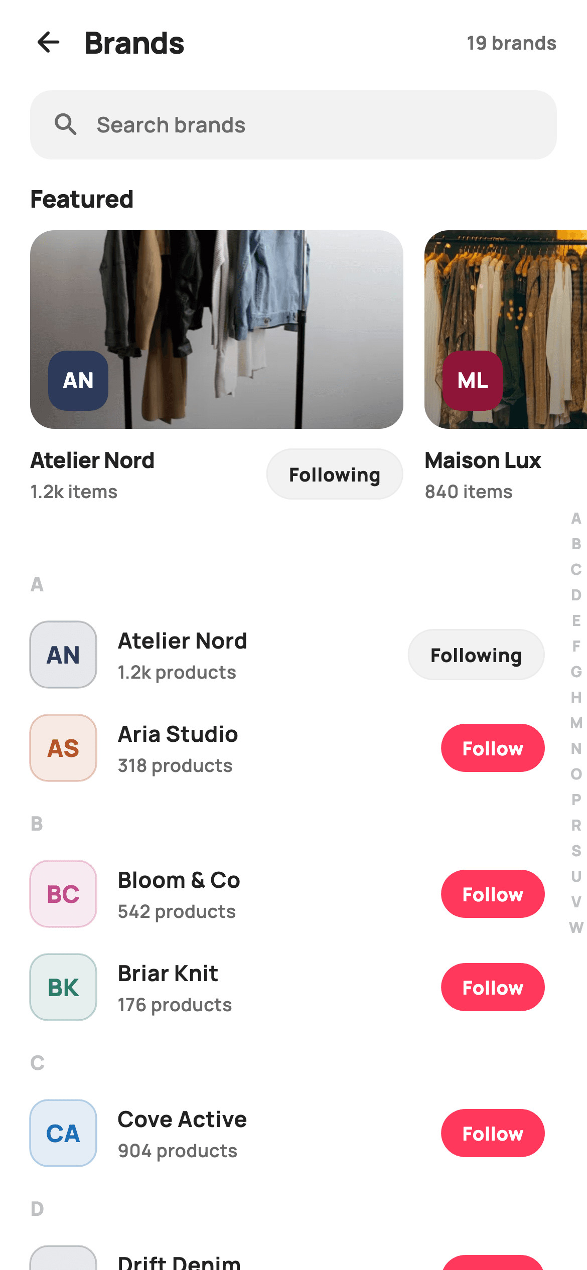 Brands Directory — E-commerce Flutter UI screen