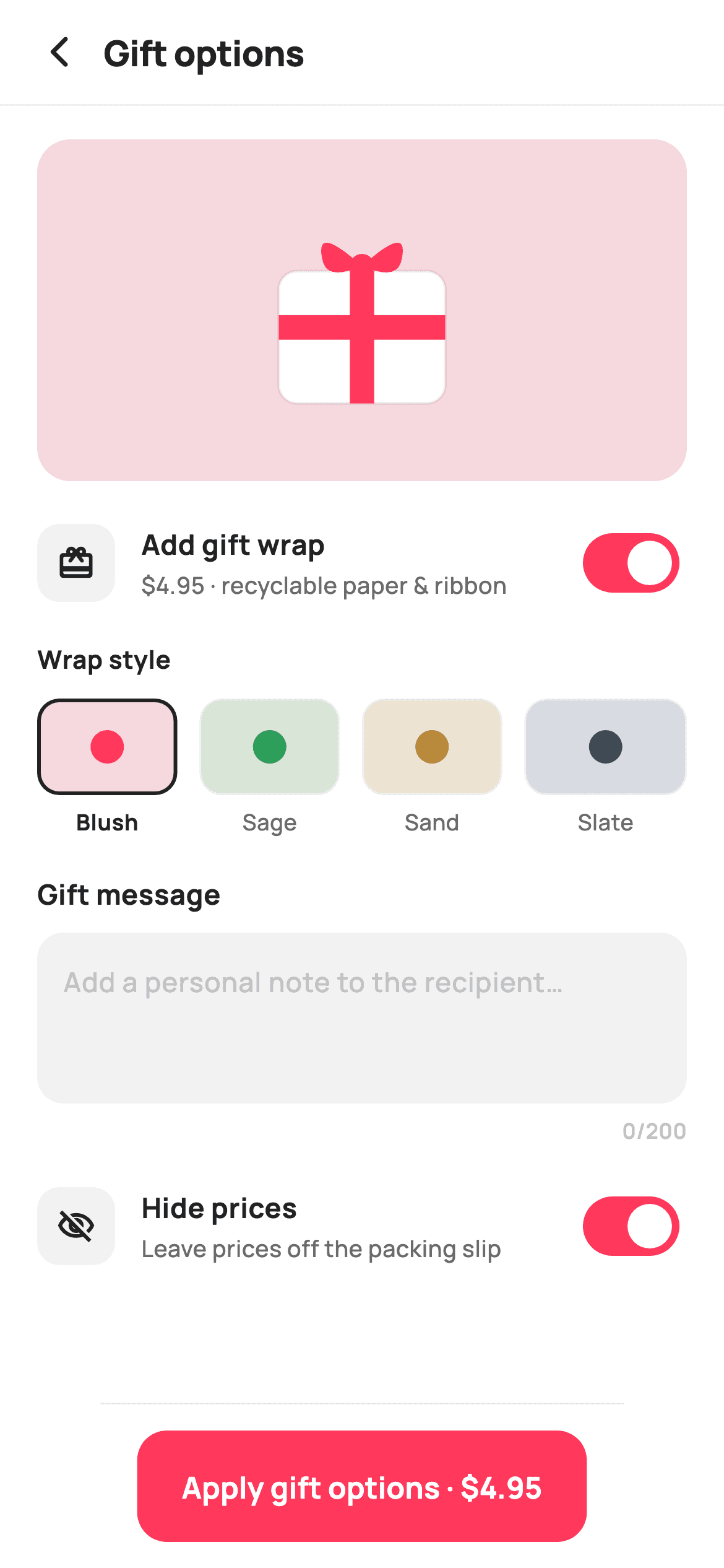 Gift options — E-commerce Flutter screen