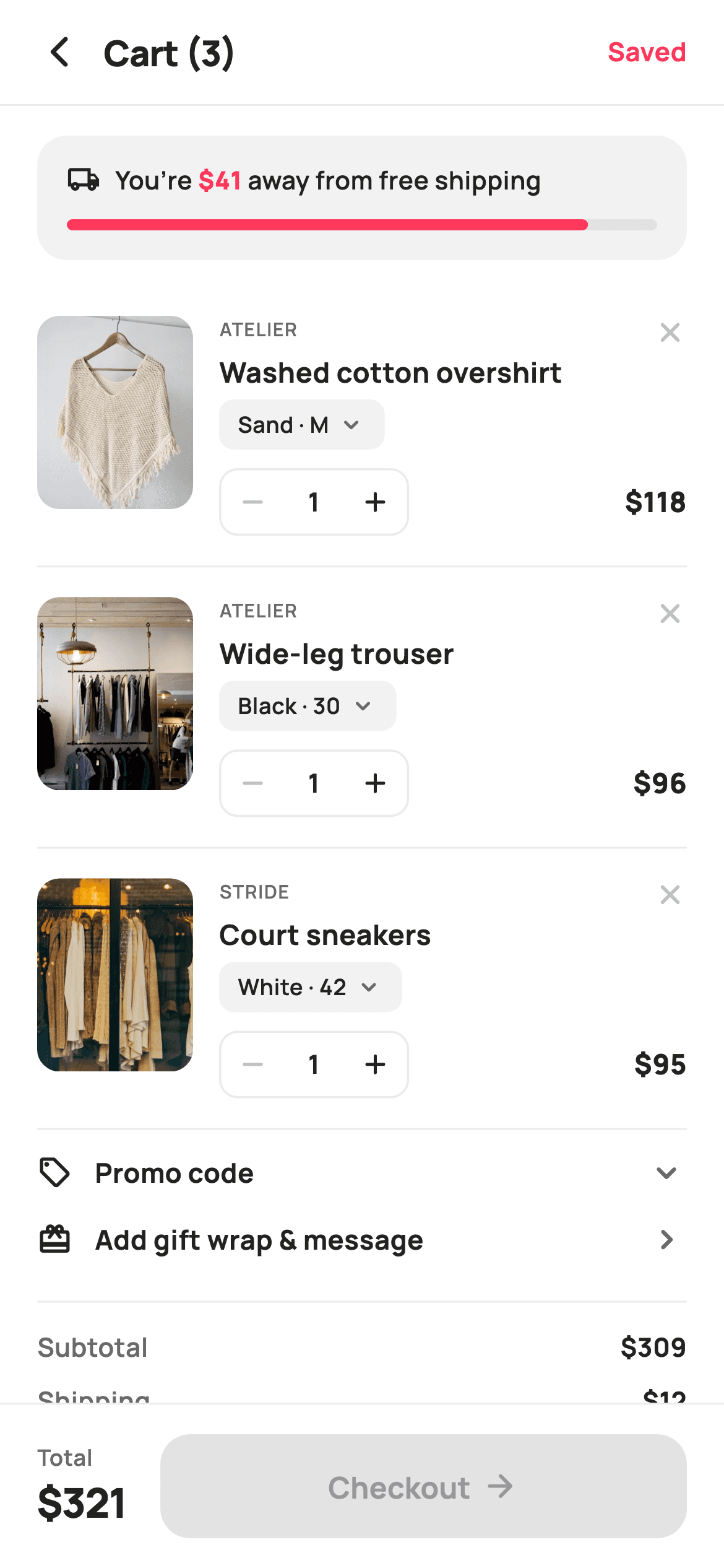Shopping Cart — E-commerce Flutter screen