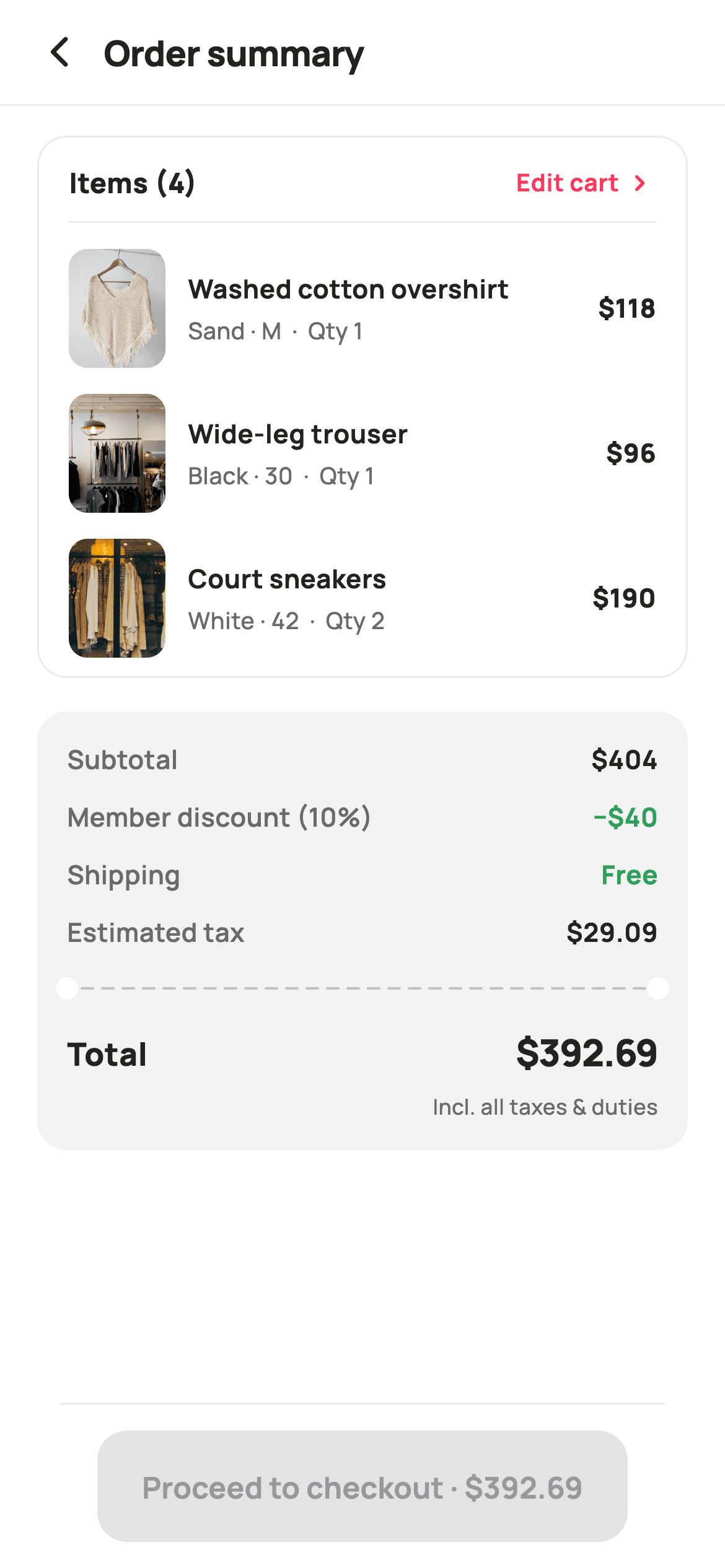 Order Summary — E-commerce Flutter screen
