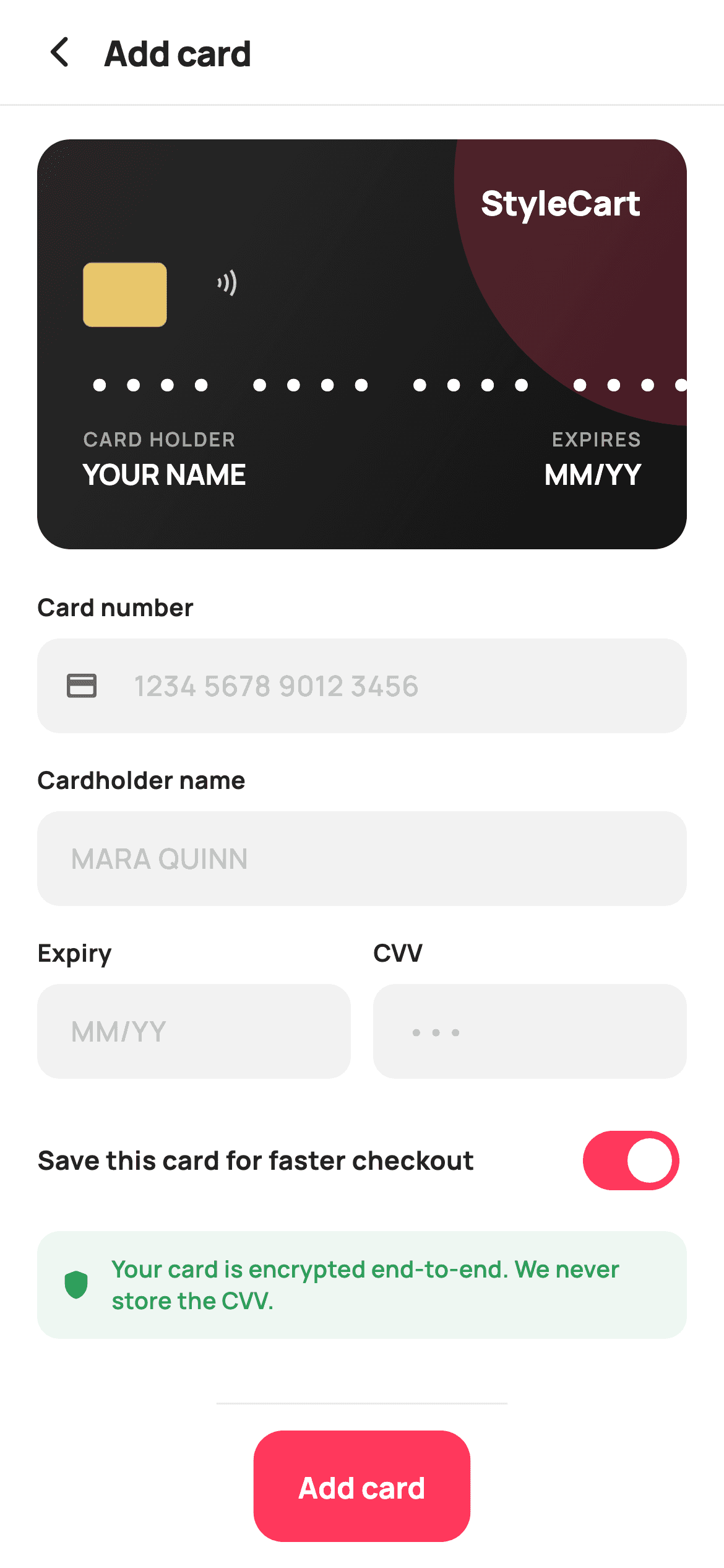 Add Card — E-commerce Flutter screen