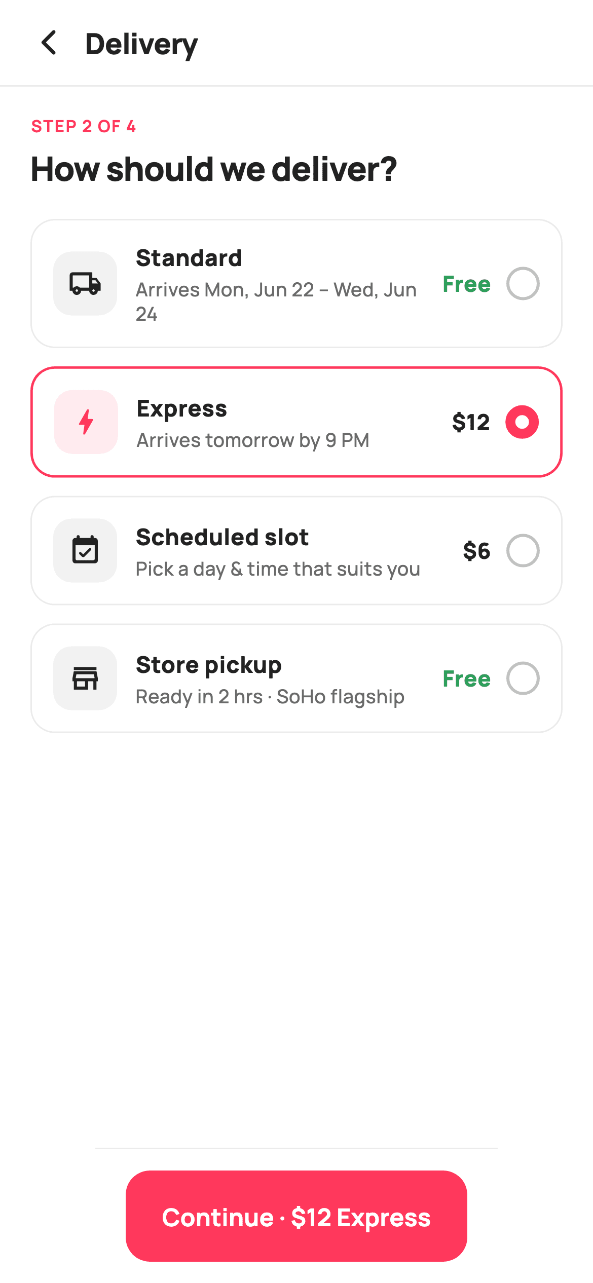 Delivery Options — E-commerce Flutter screen