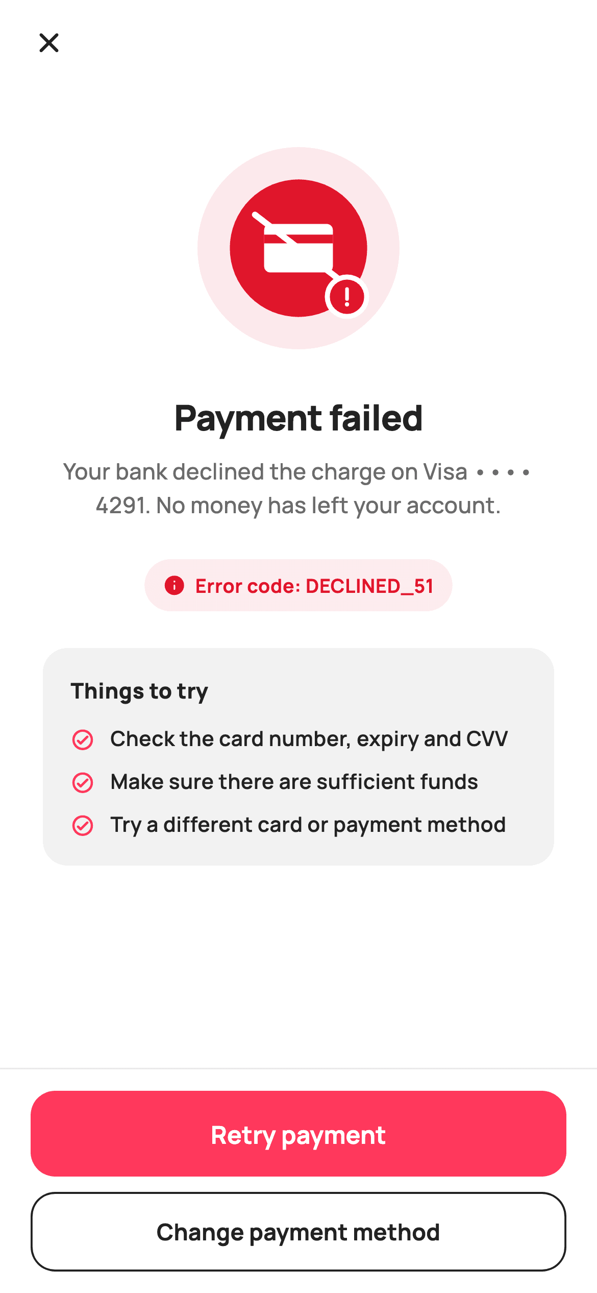 Payment Failed — E-commerce Flutter screen