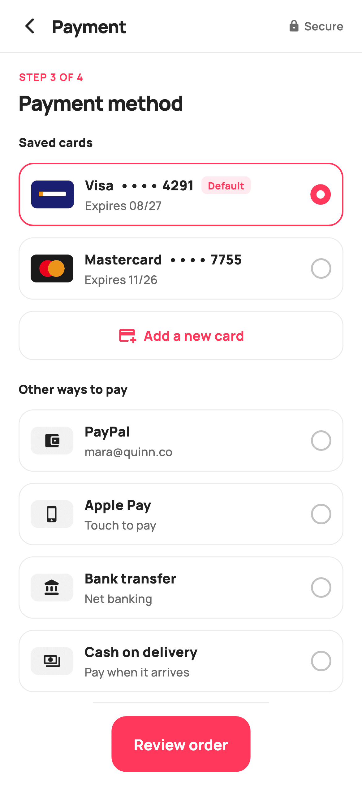 Payment Method — E-commerce Flutter screen