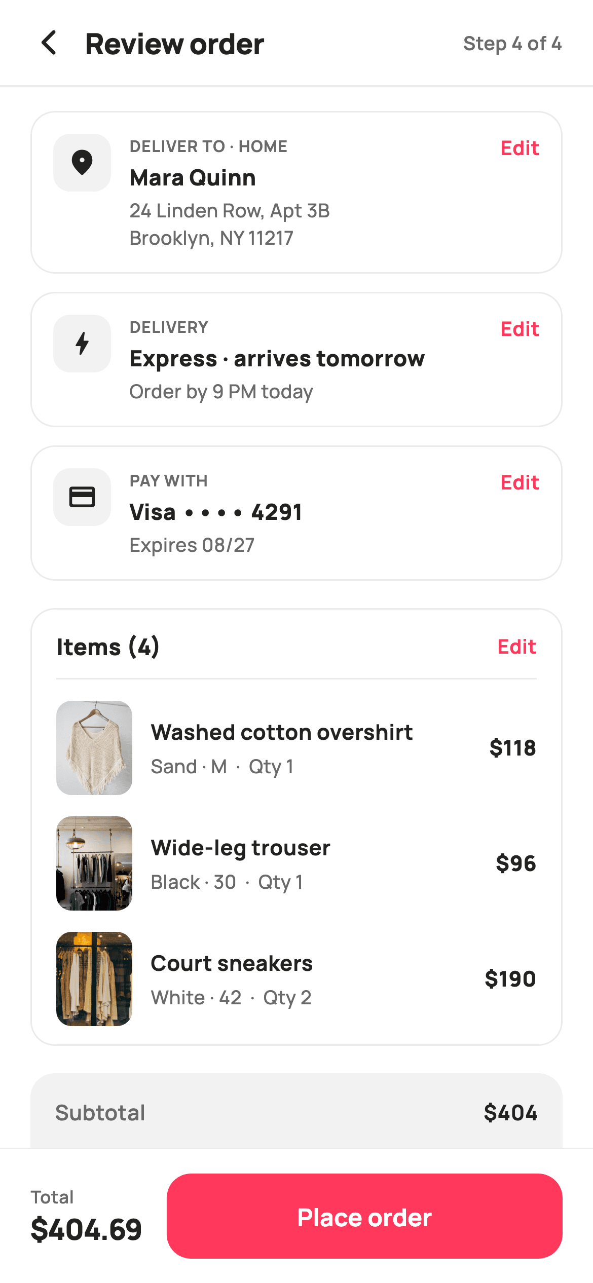 Review Order — E-commerce Flutter screen