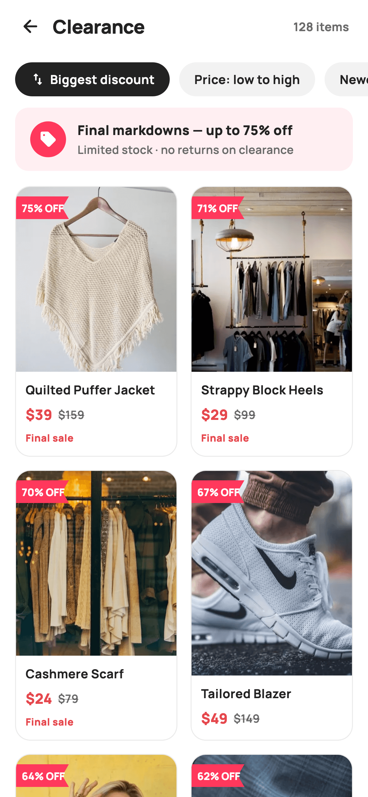 Clearance — E-commerce Flutter UI screen