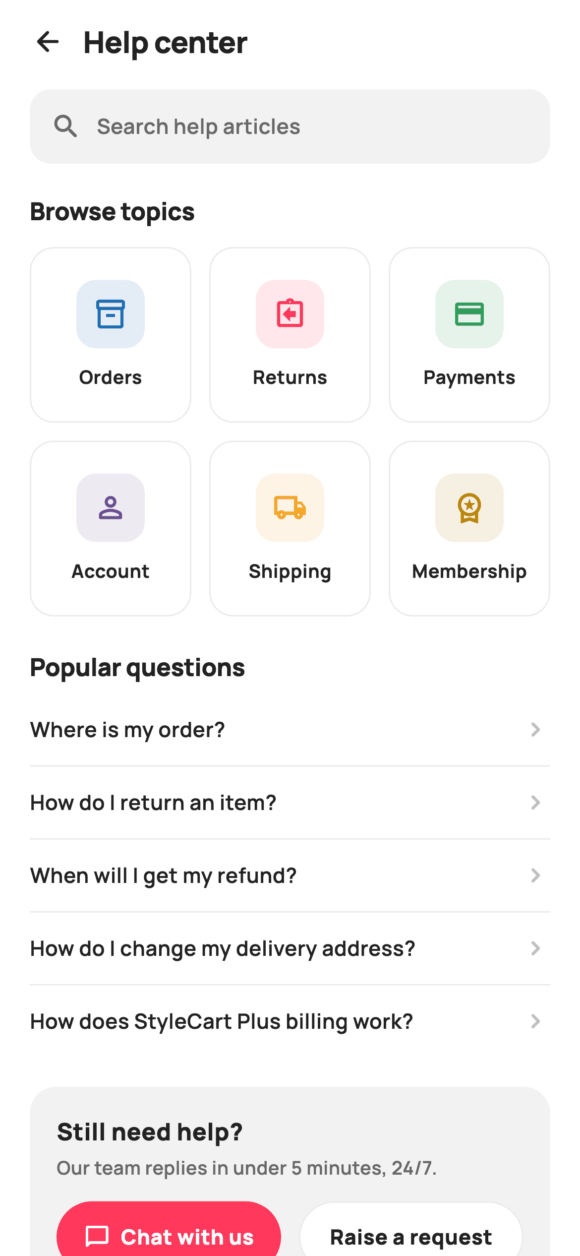 Help Center — E-commerce Flutter UI screen