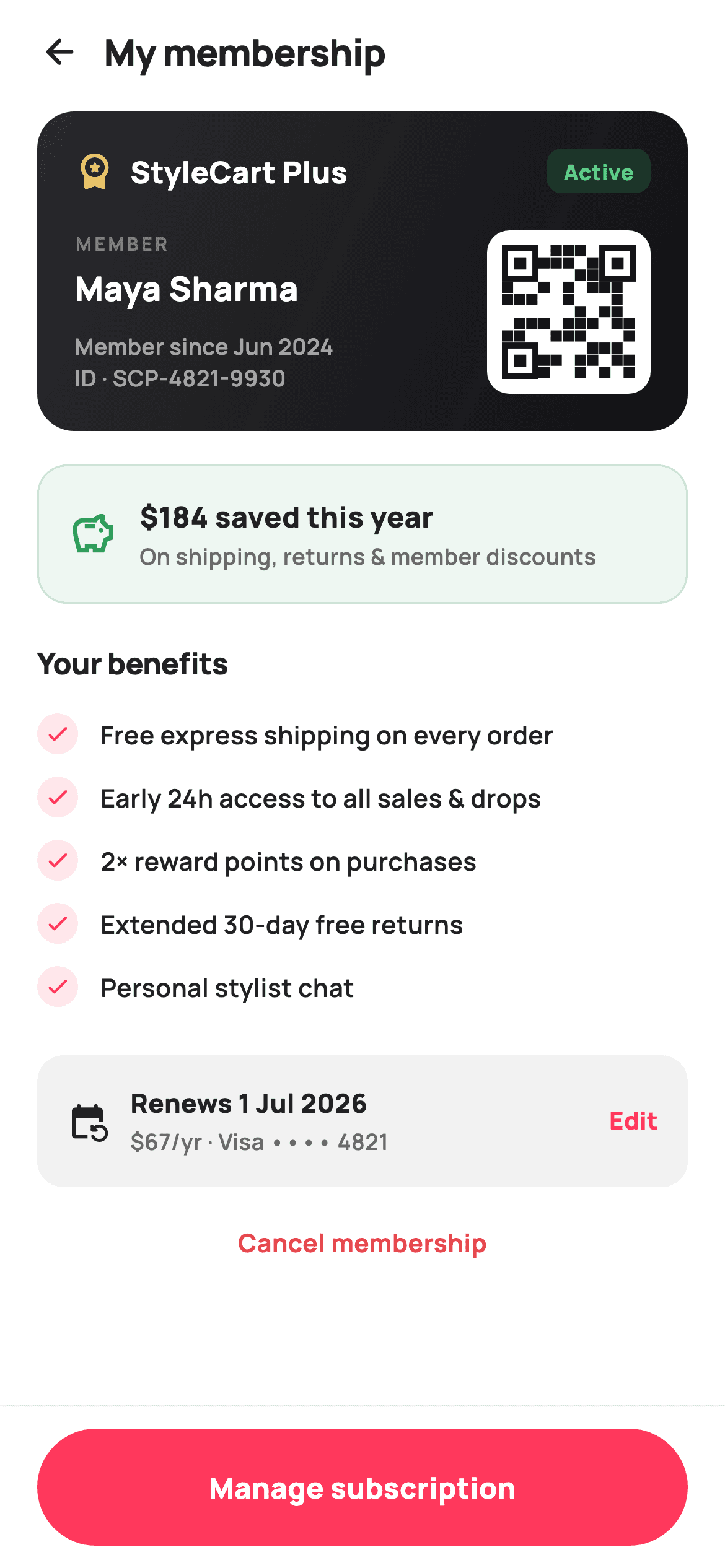 Membership Active — E-commerce Flutter UI screen
