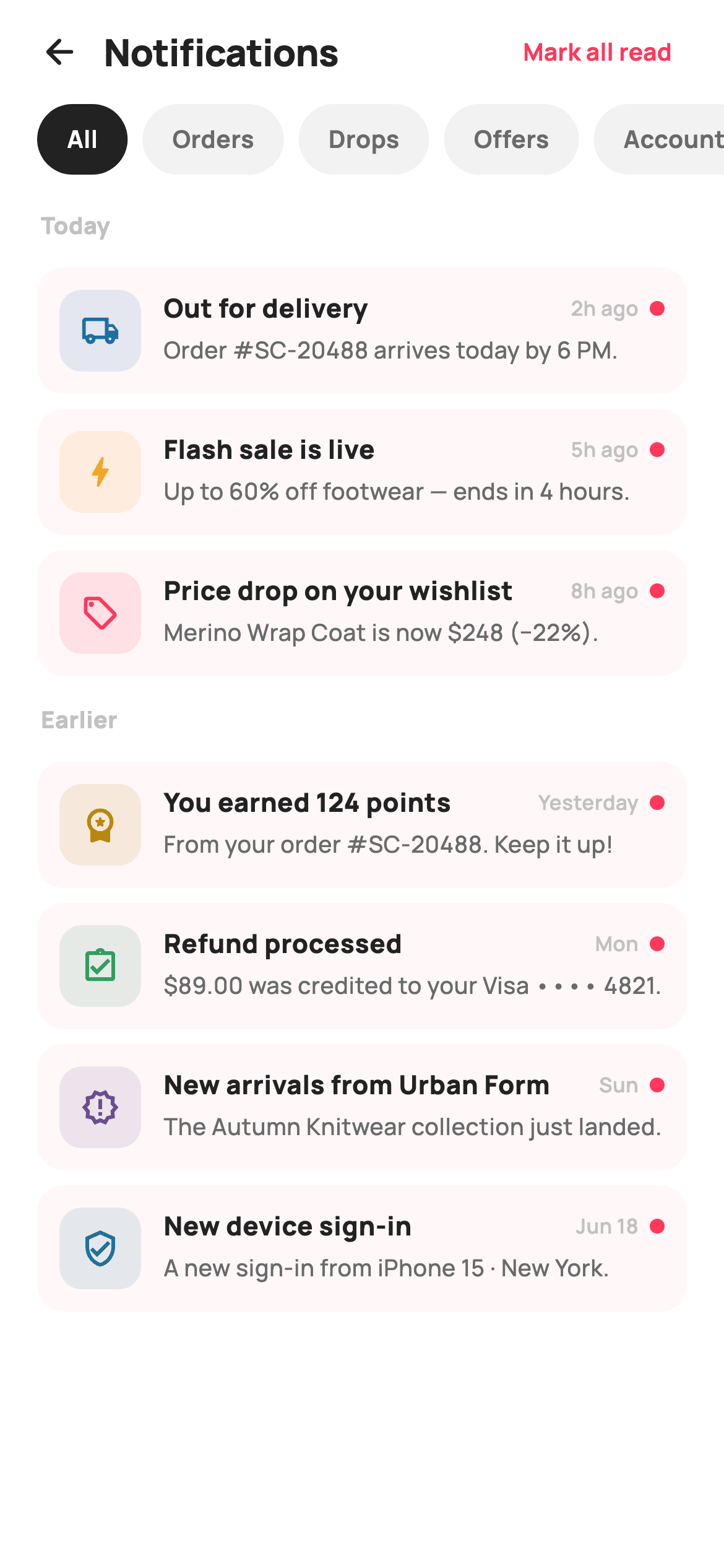 Notifications inbox — E-commerce Flutter UI screen
