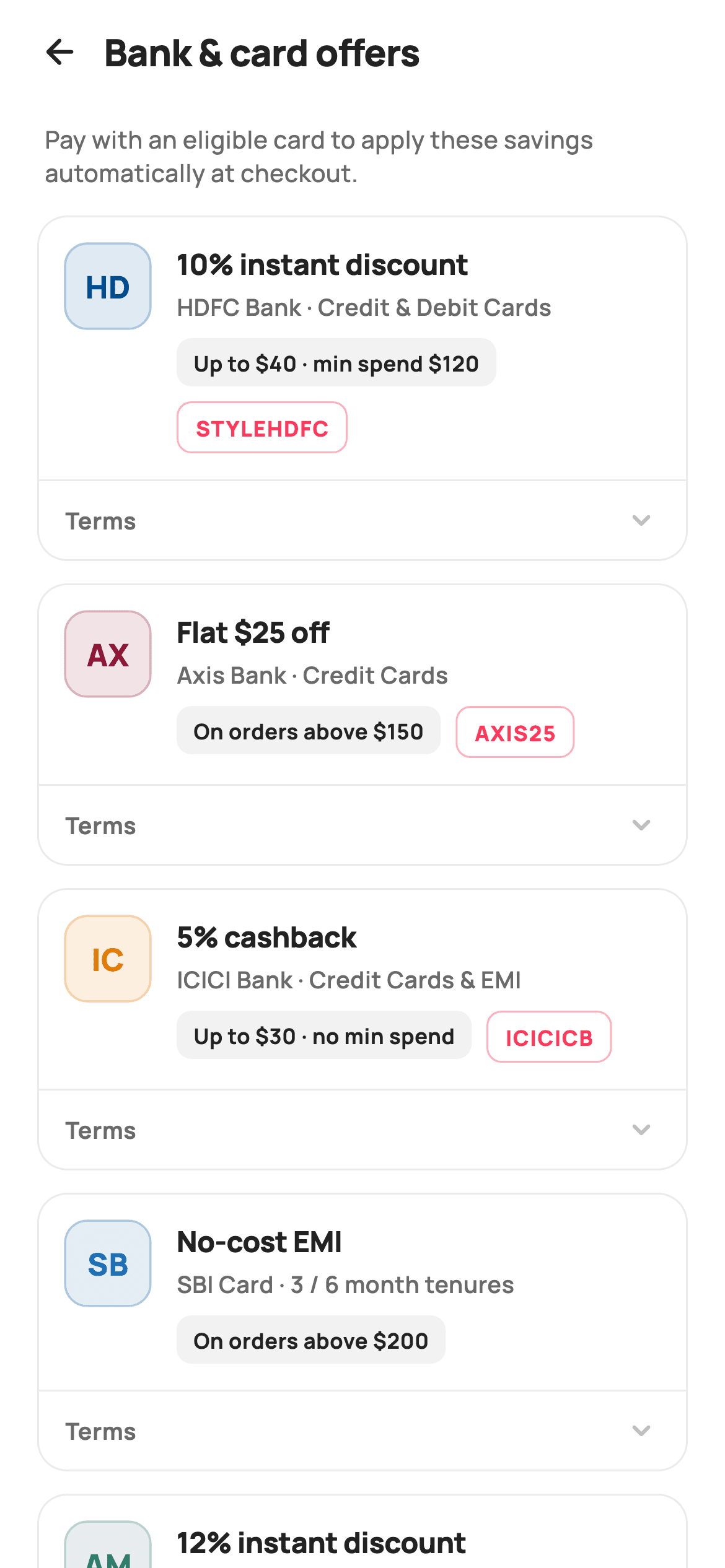 Bank & Card Offers — E-commerce Flutter UI screen