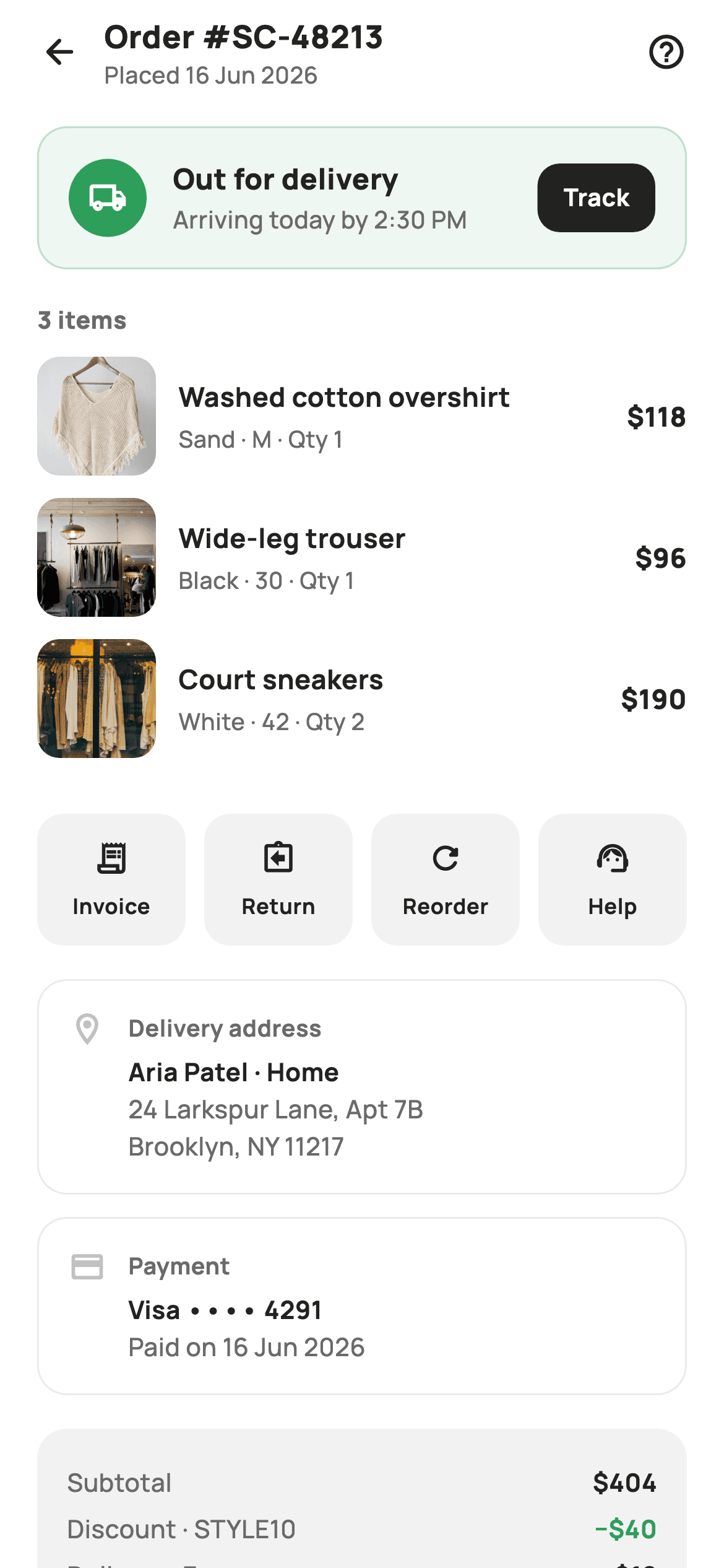 Order Detail — E-commerce Flutter screen