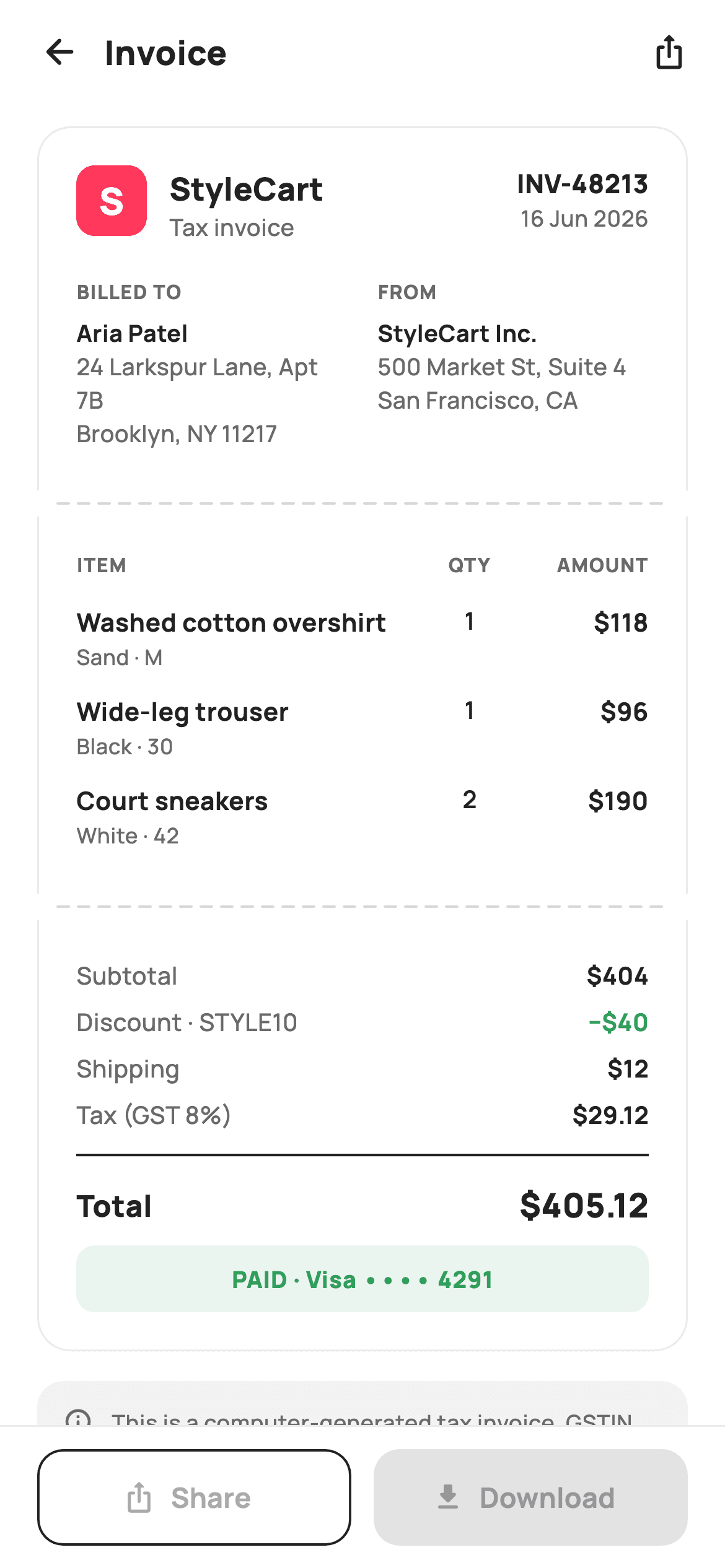 Order invoice — E-commerce Flutter screen