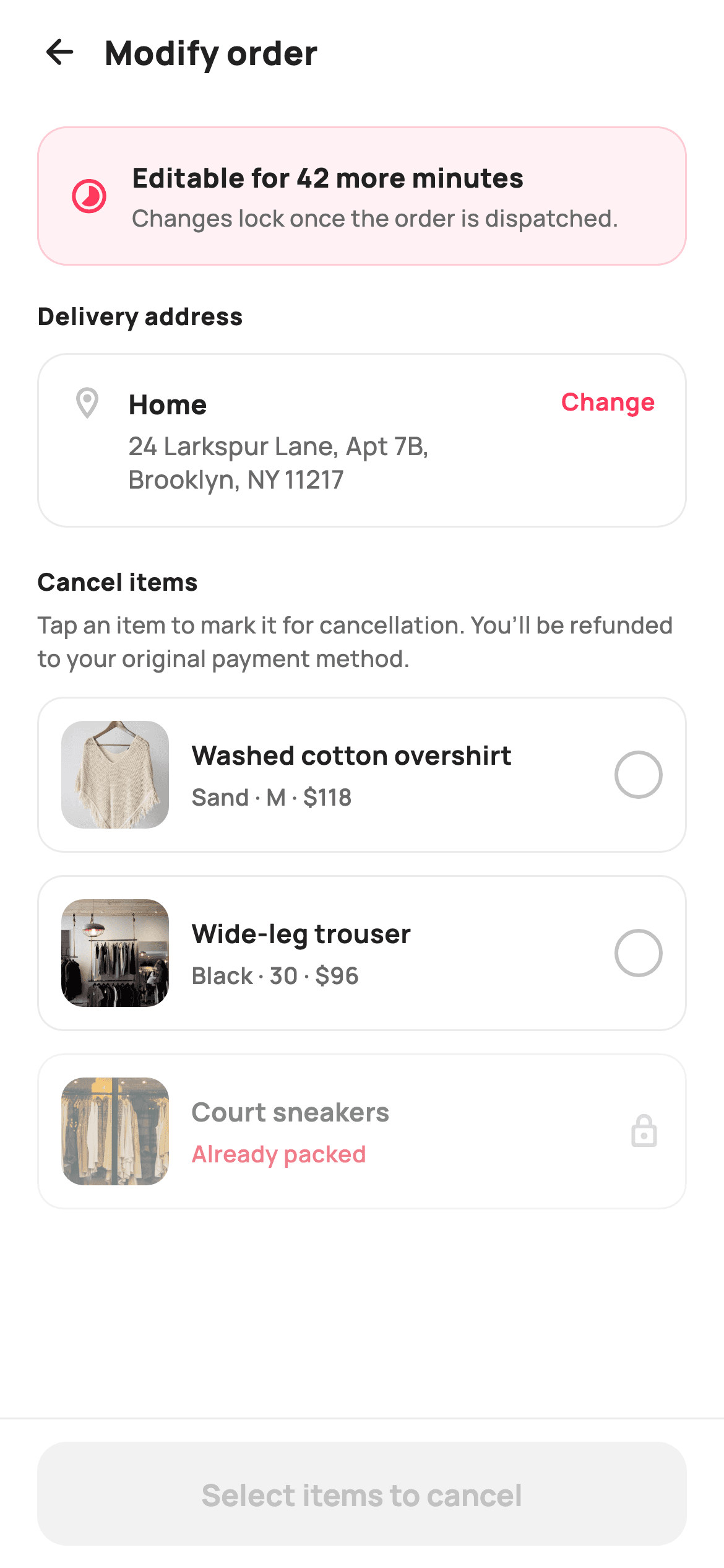 Modify Order — E-commerce Flutter screen