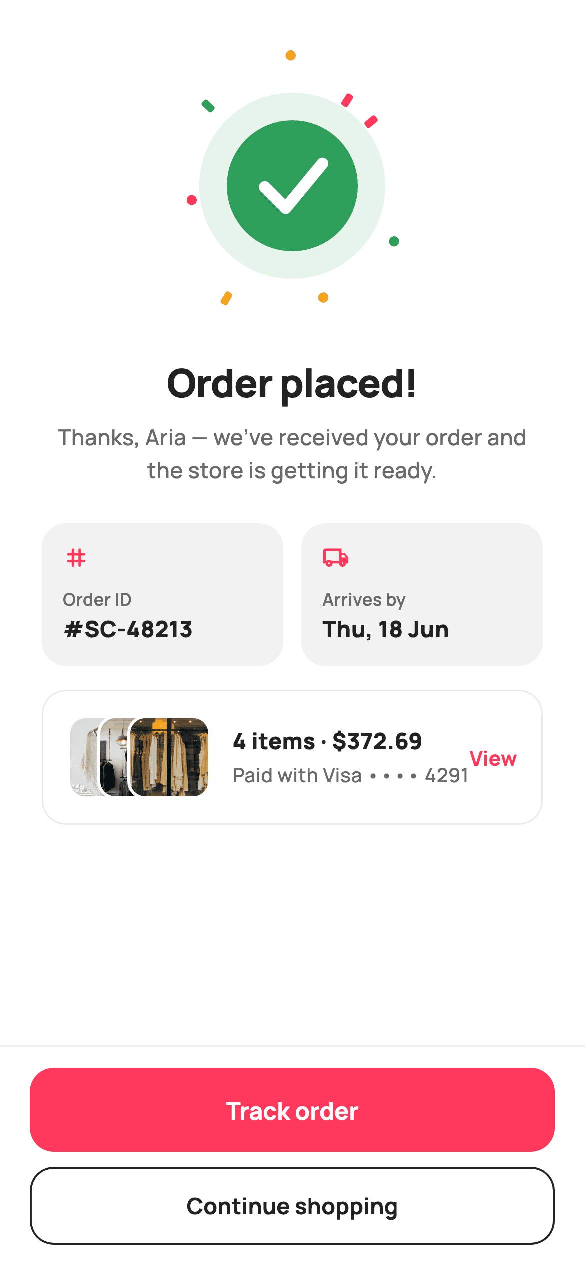 Order Placed — E-commerce Flutter screen