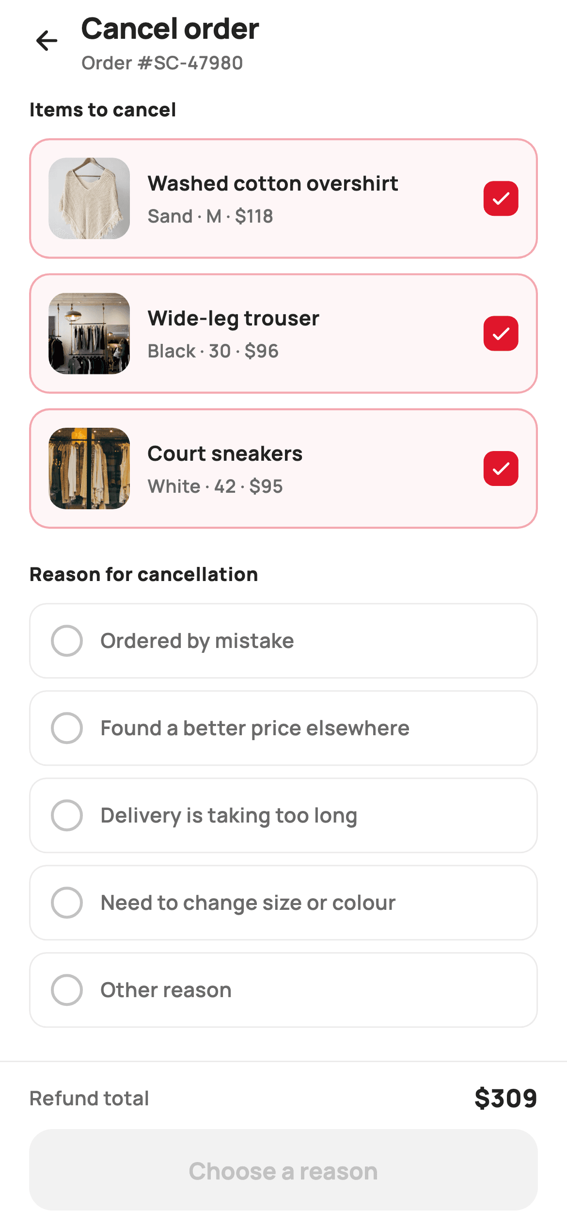 Cancel Order — E-commerce Flutter screen