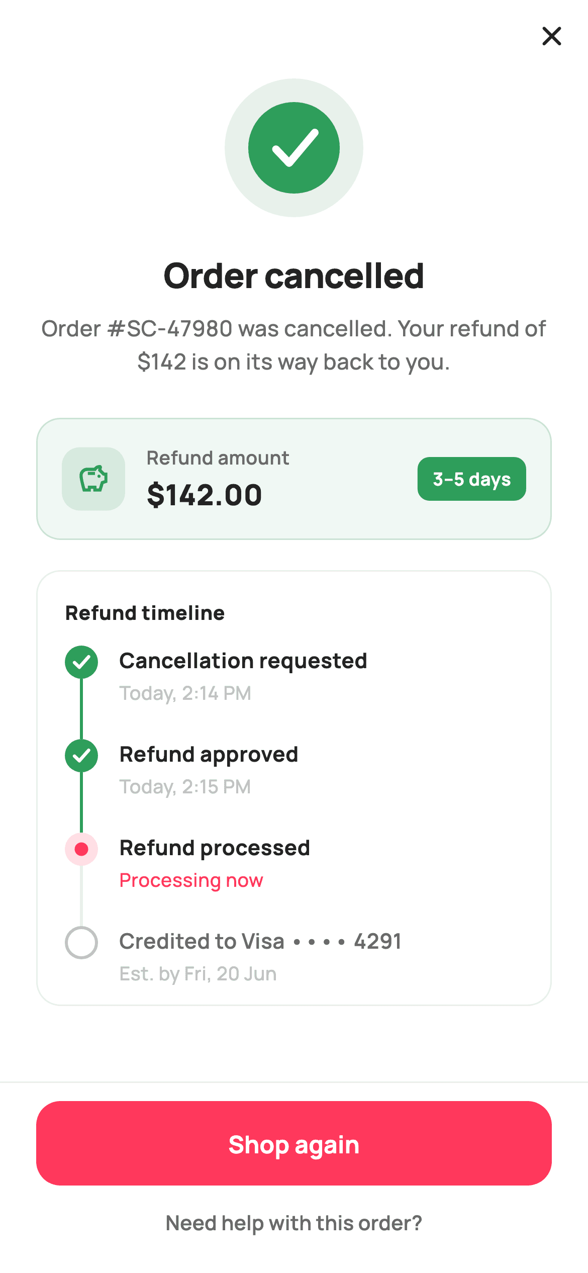 Cancellation Confirmed — E-commerce Flutter screen