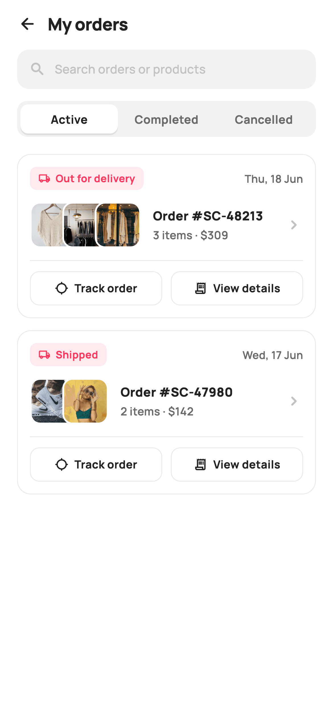 My Orders — E-commerce Flutter UI screen