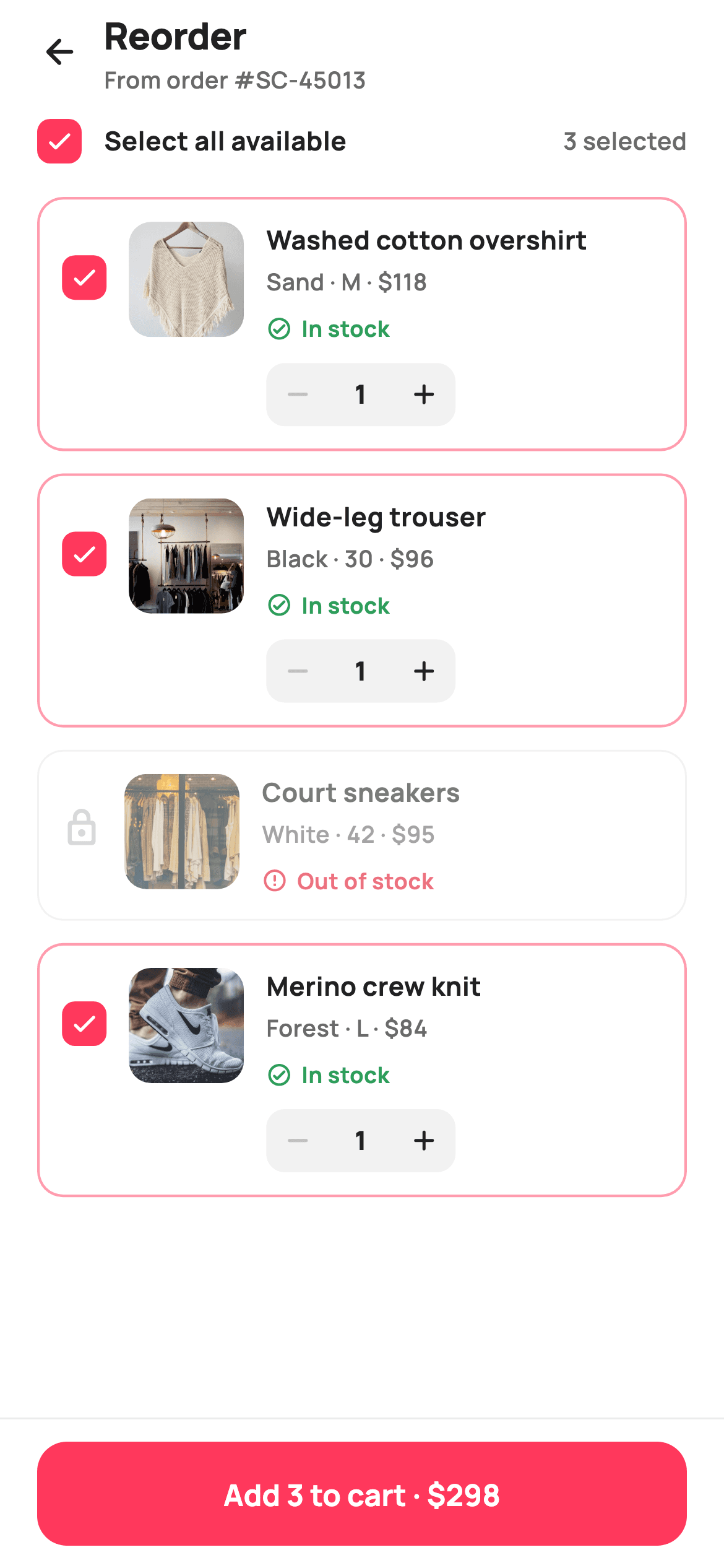 Reorder past order — E-commerce Flutter UI screen