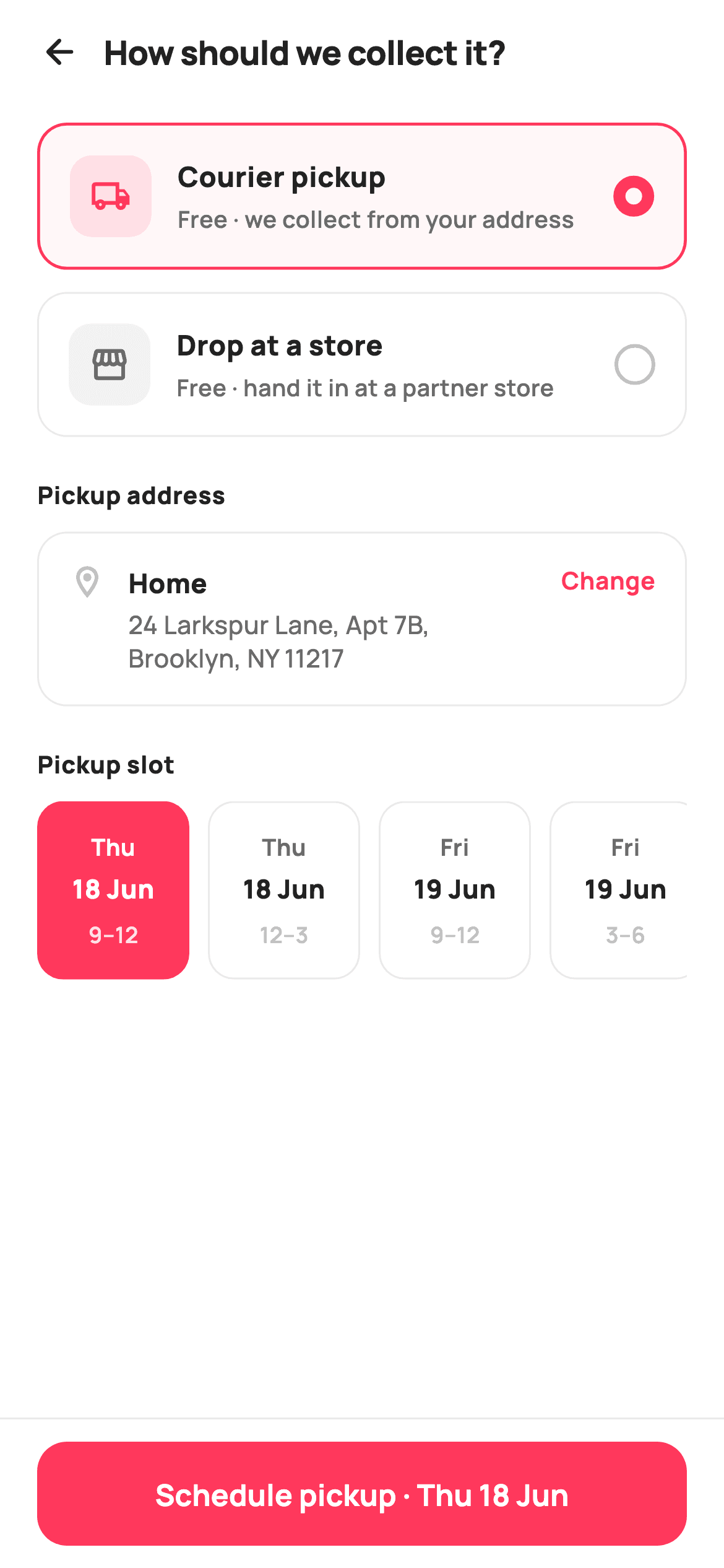 Pickup or Drop-off — E-commerce Flutter UI screen