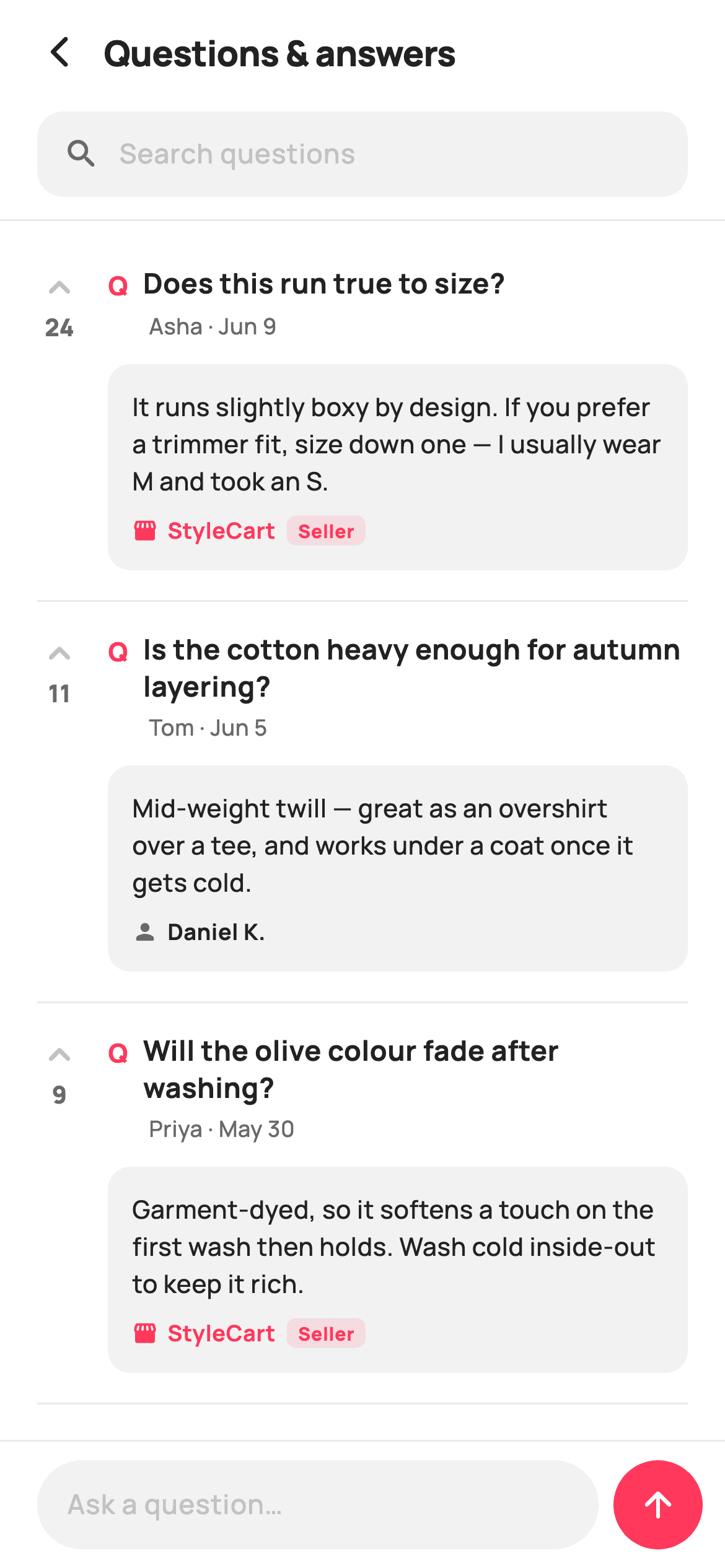 Questions & Answers — E-commerce Flutter screen