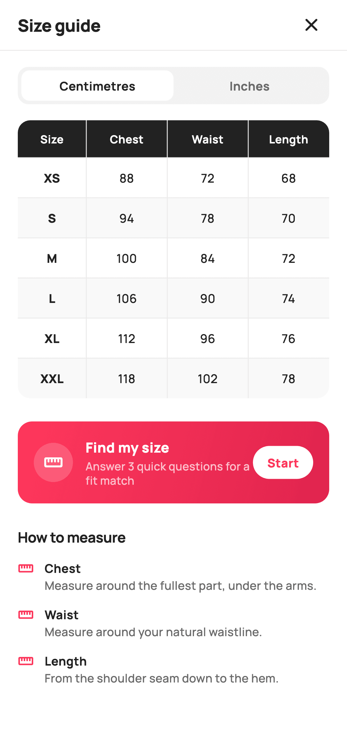 Size Guide — E-commerce Flutter UI screen