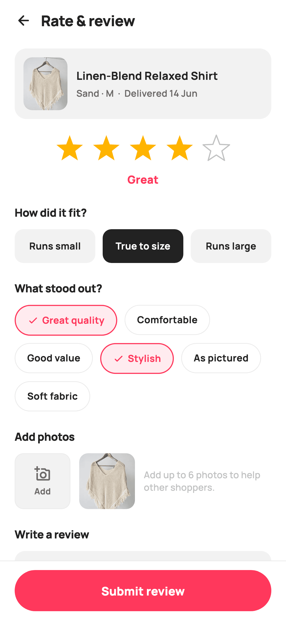 Rate & Review — E-commerce Flutter UI screen