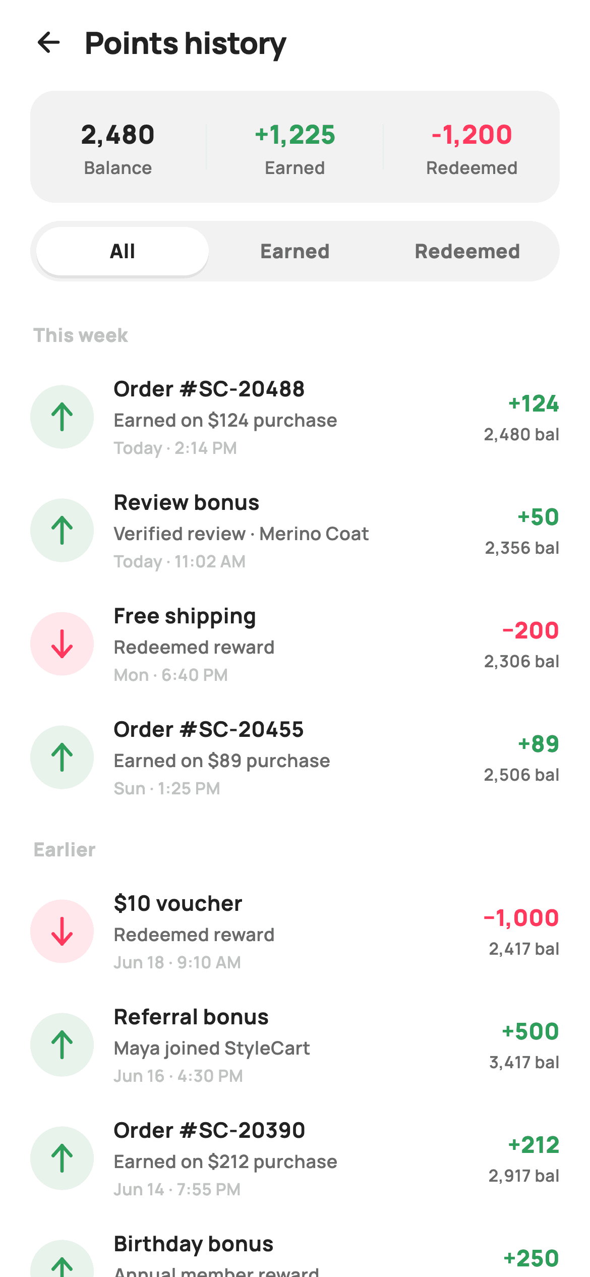 Points History — E-commerce Flutter UI screen