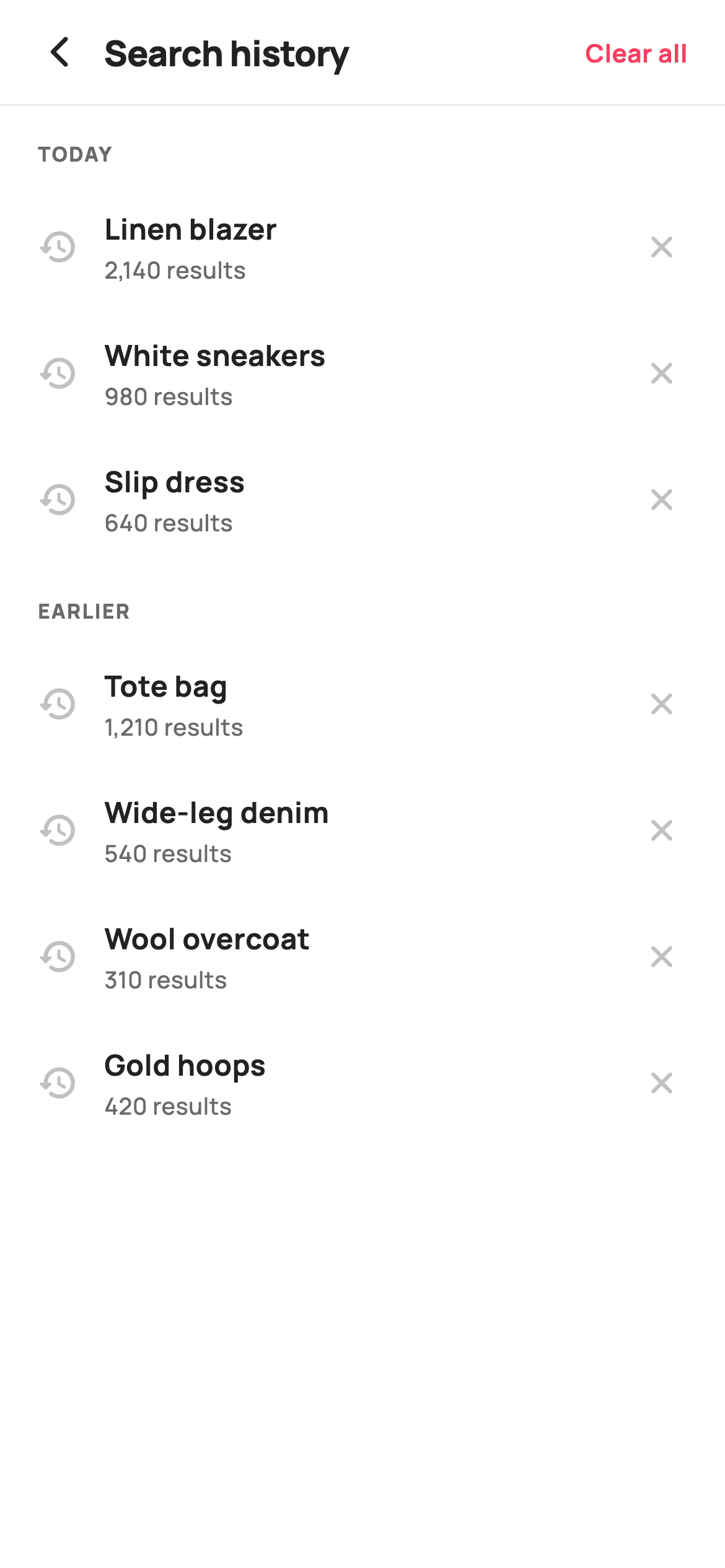 Search History — E-commerce Flutter screen
