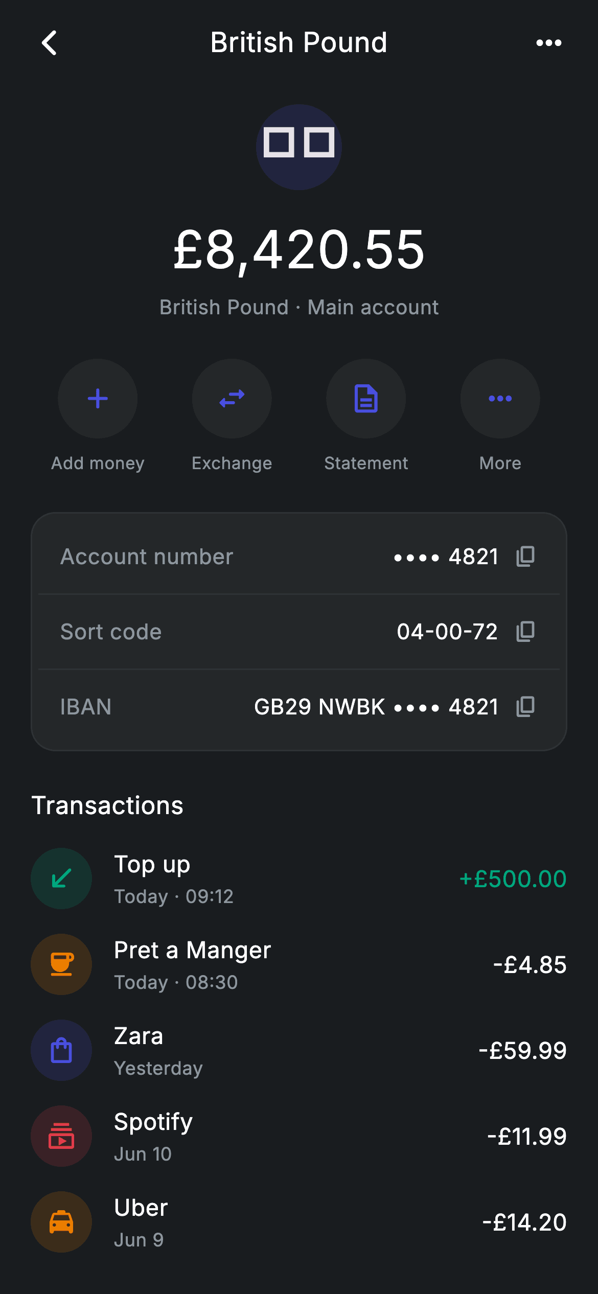Fintech · Account Detail — Fintech Flutter UI screen