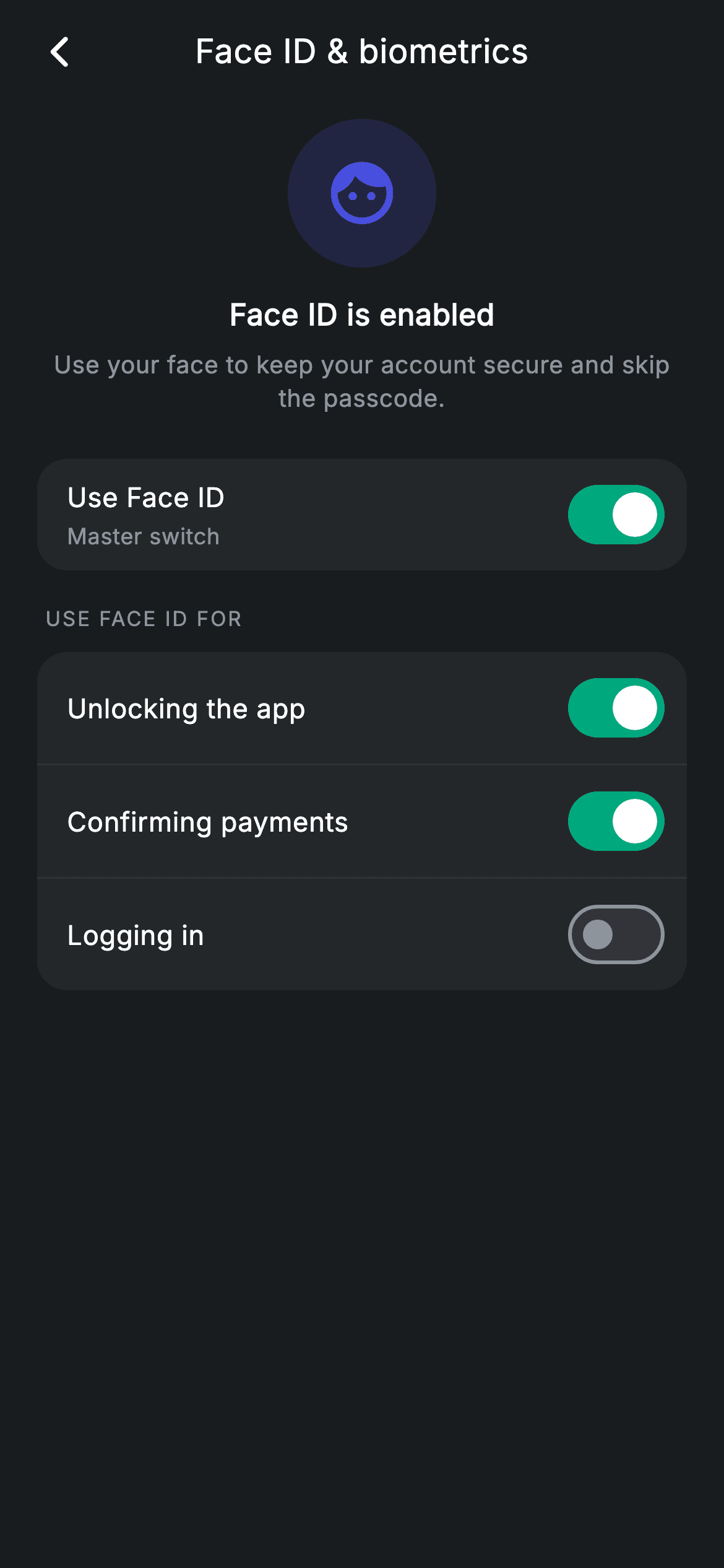 Biometrics Settings — Fintech Flutter screen