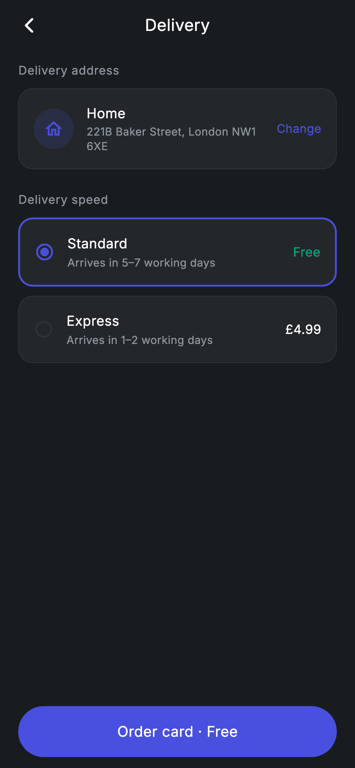 Fintech · Card Delivery — Fintech Flutter UI screen