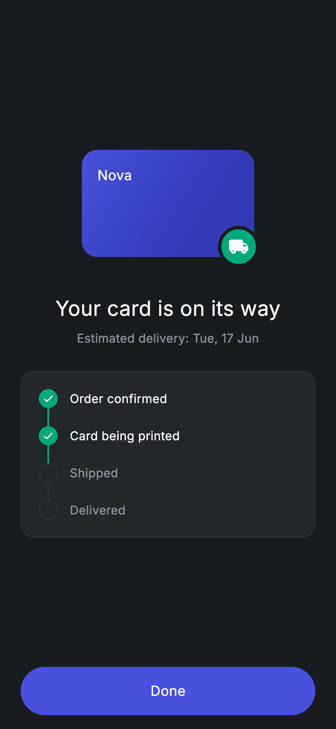 Fintech · Card Ordered — Fintech Flutter UI screen