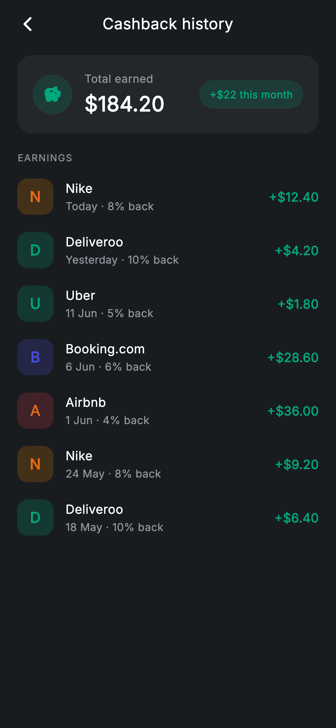 Cashback History — Fintech Flutter screen
