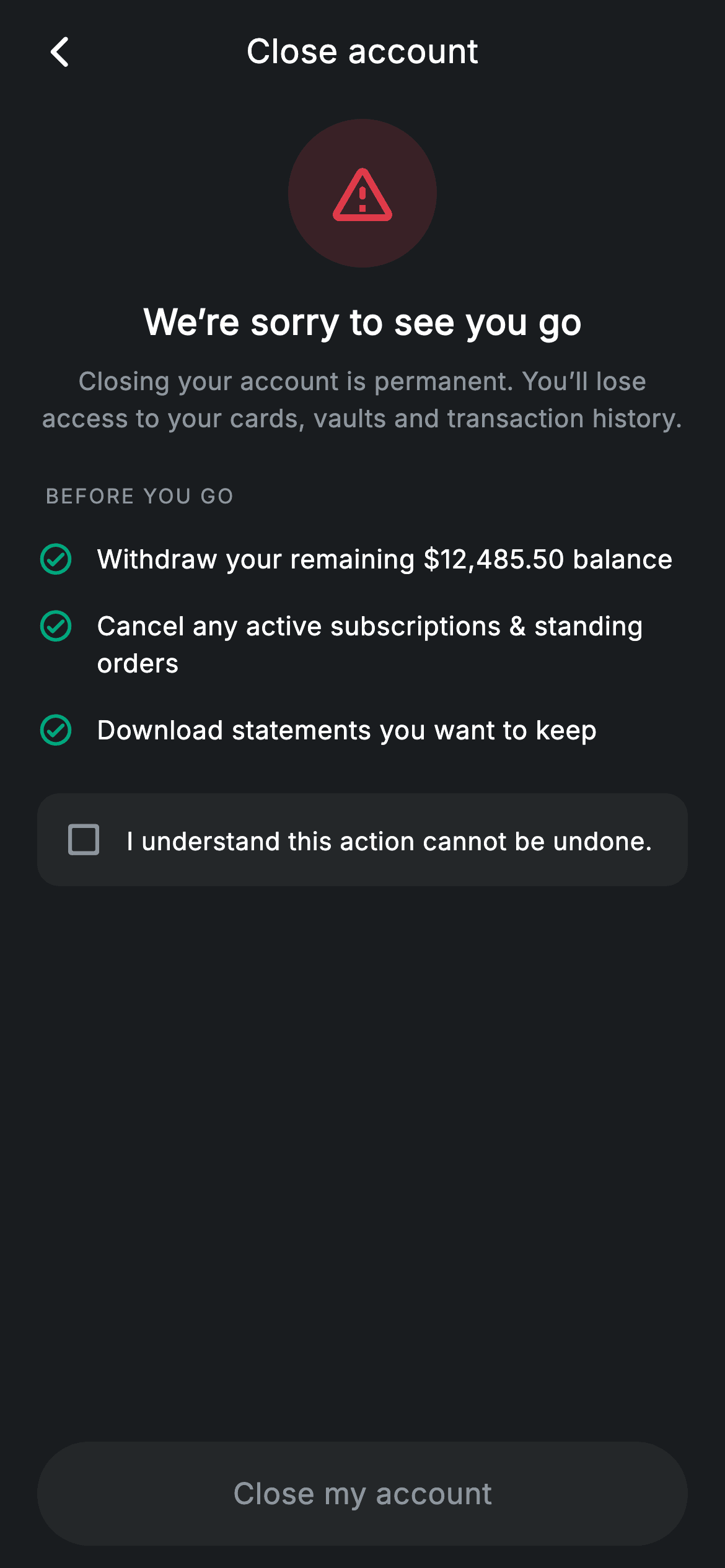 Close Account — Fintech Flutter screen