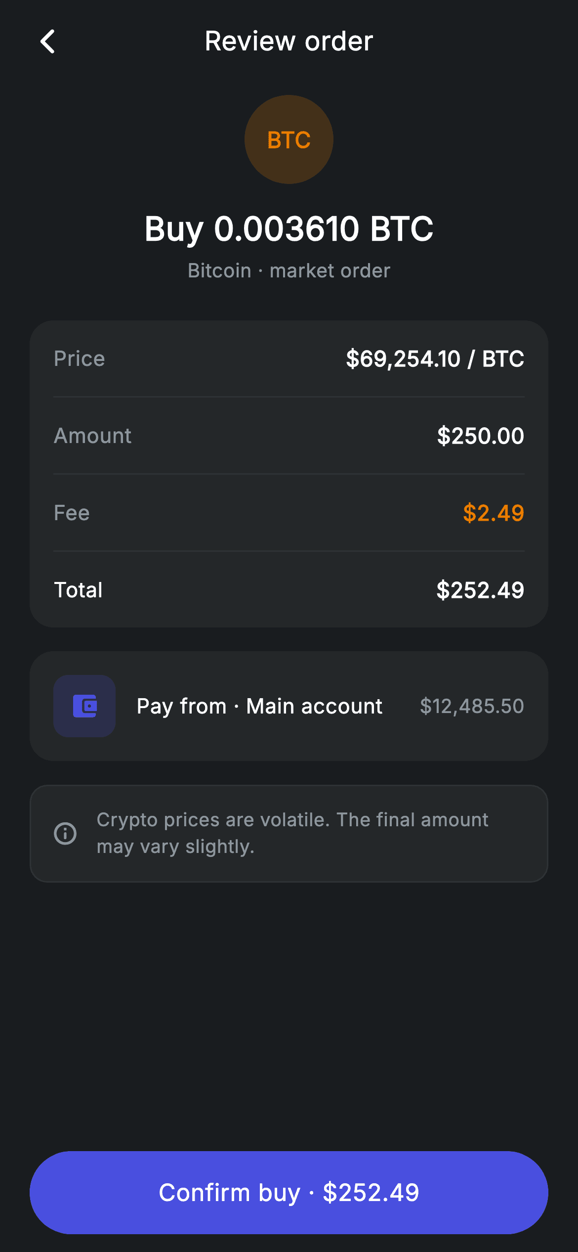 Crypto Order Review — Fintech Flutter screen
