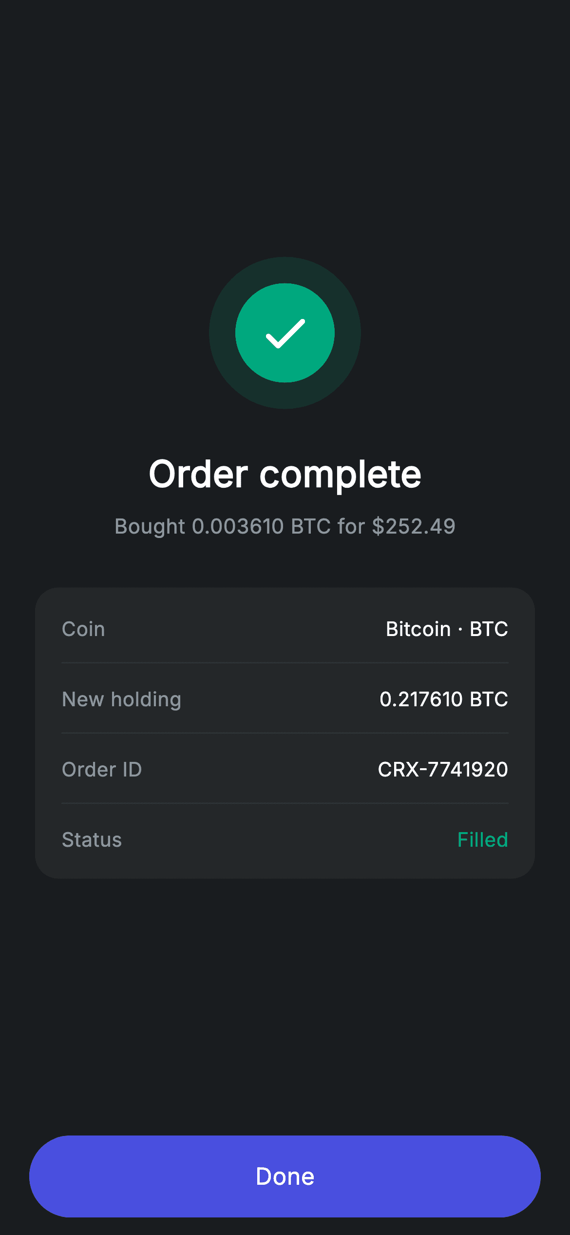 Crypto Order Confirmation — Fintech Flutter screen