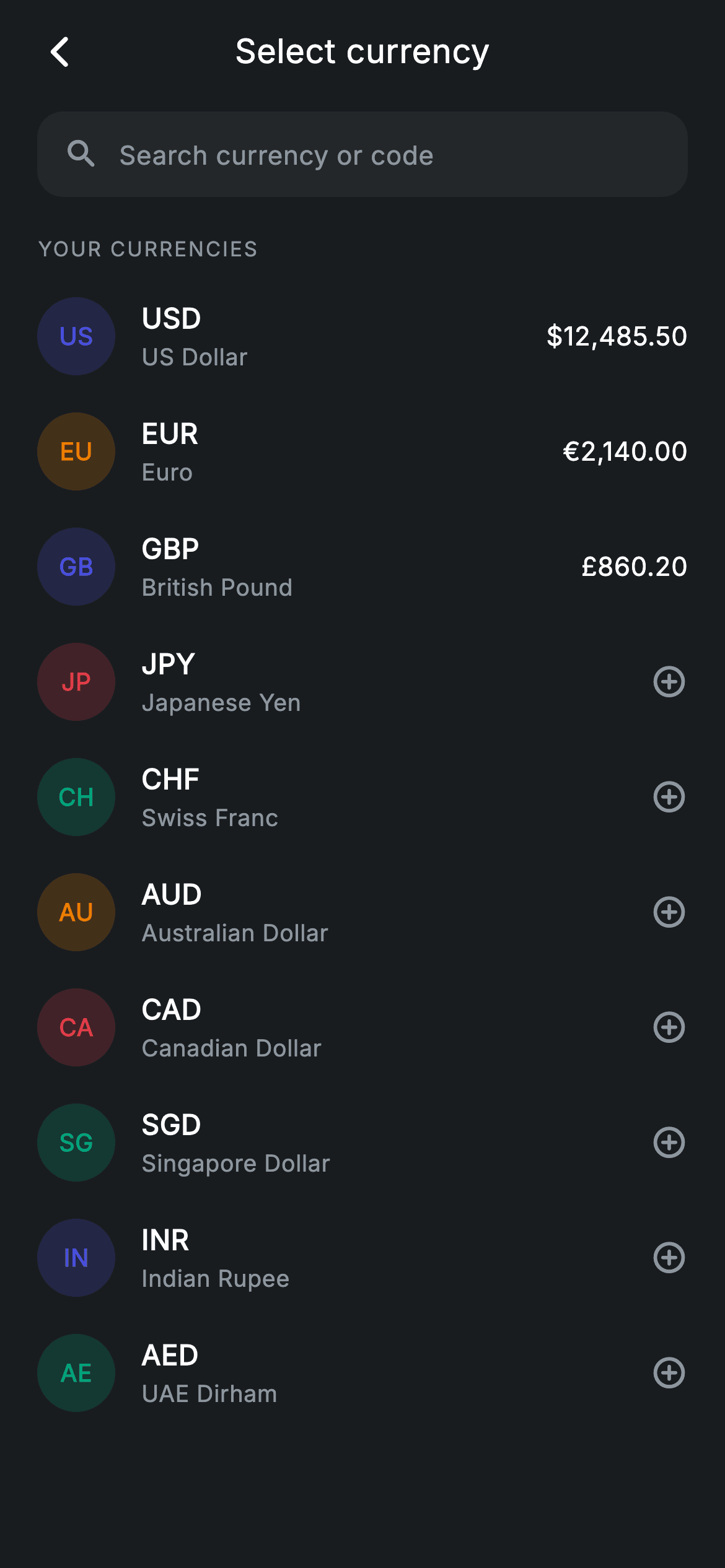 Currency Select — Fintech Flutter screen