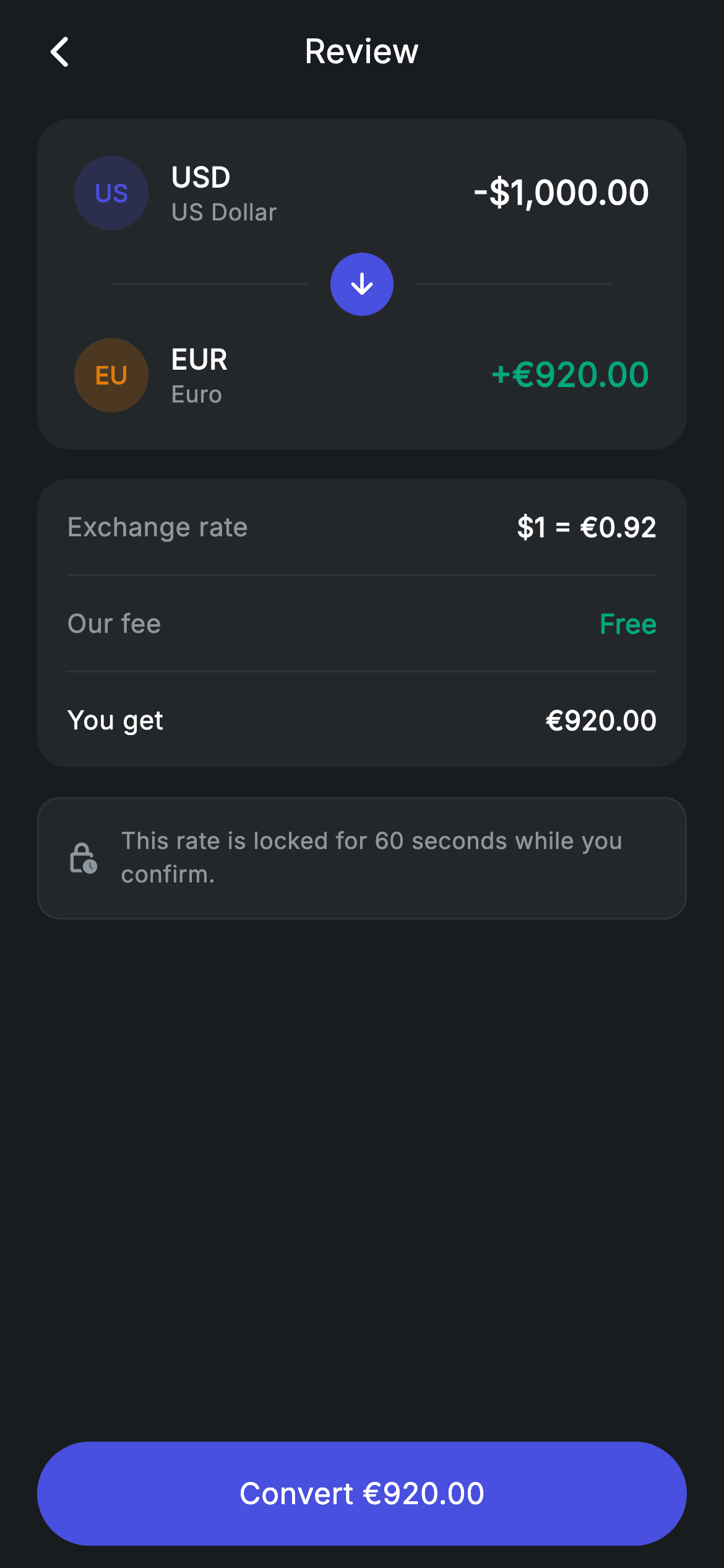 Exchange Review — Fintech Flutter screen