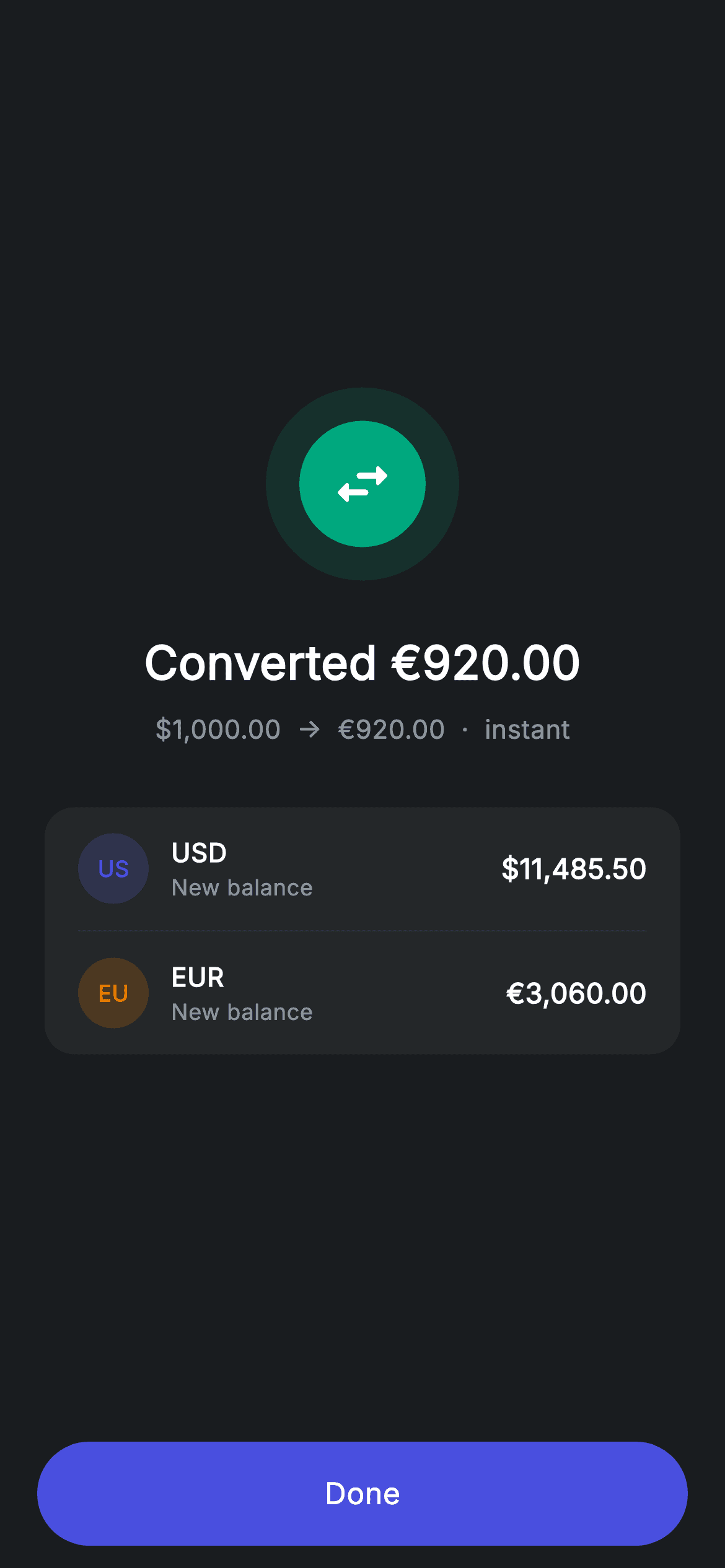 Exchange Success — Fintech Flutter screen