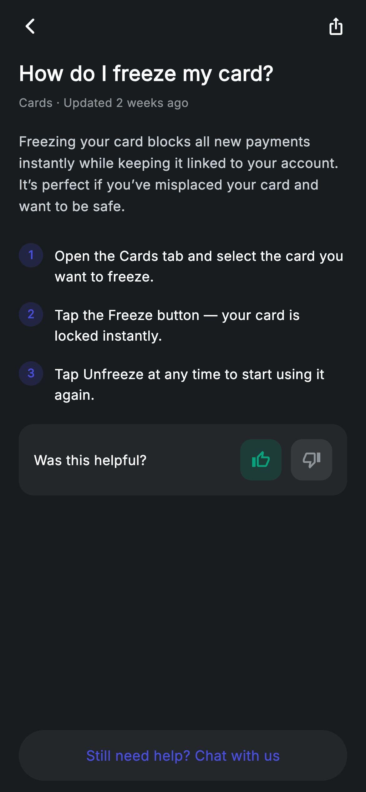 Help Article — Fintech Flutter screen
