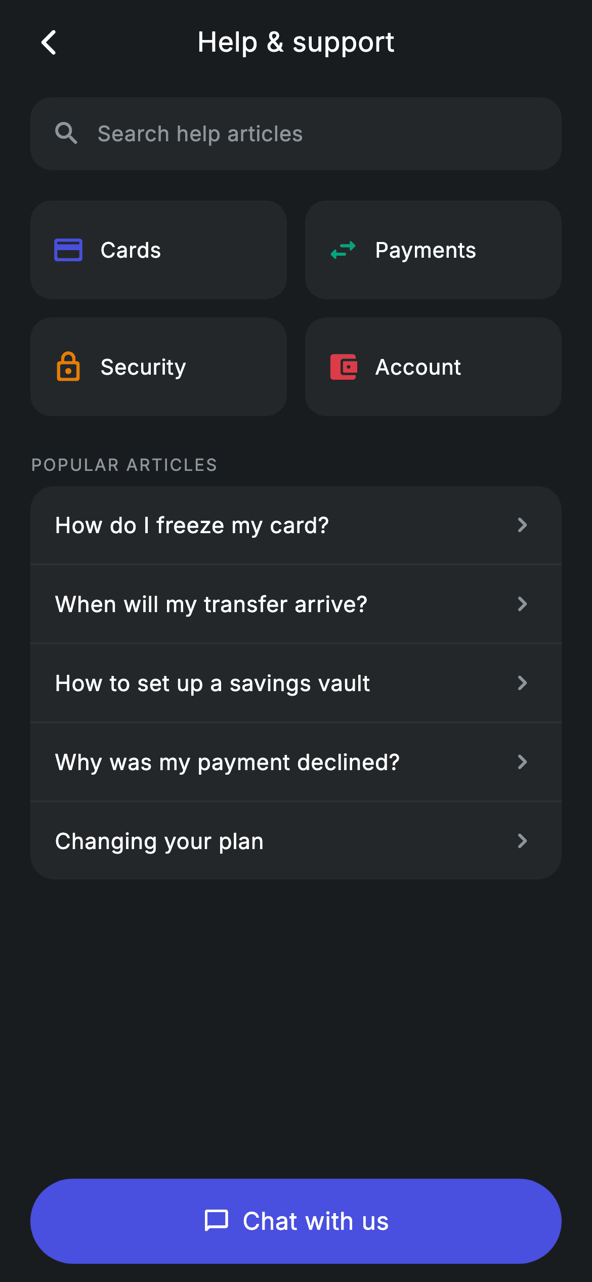 Help Center — Fintech Flutter screen