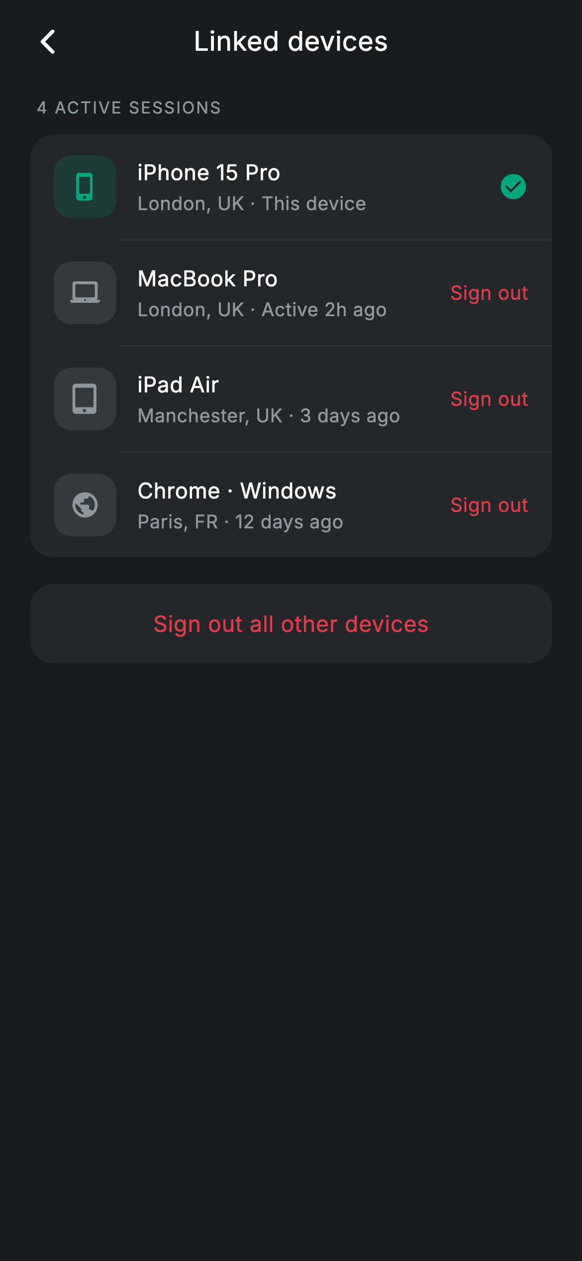 Linked Devices — Fintech Flutter screen
