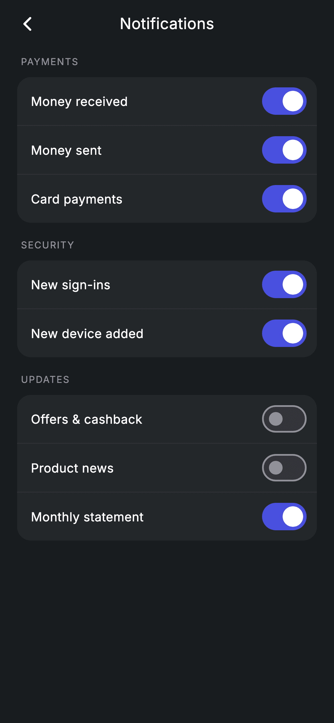 Notifications Settings — Fintech Flutter screen