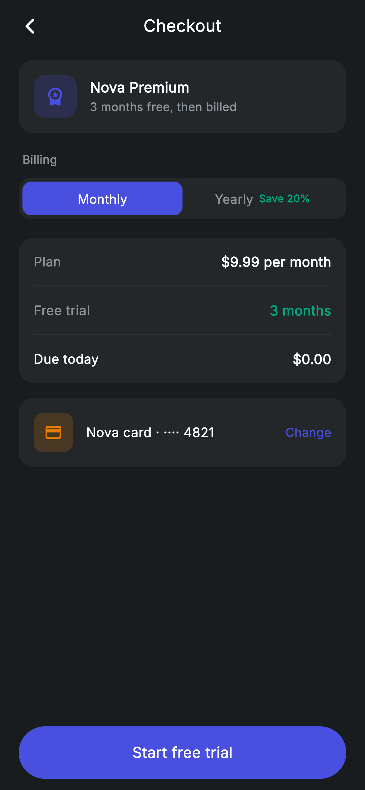 Plan Checkout — Fintech Flutter screen