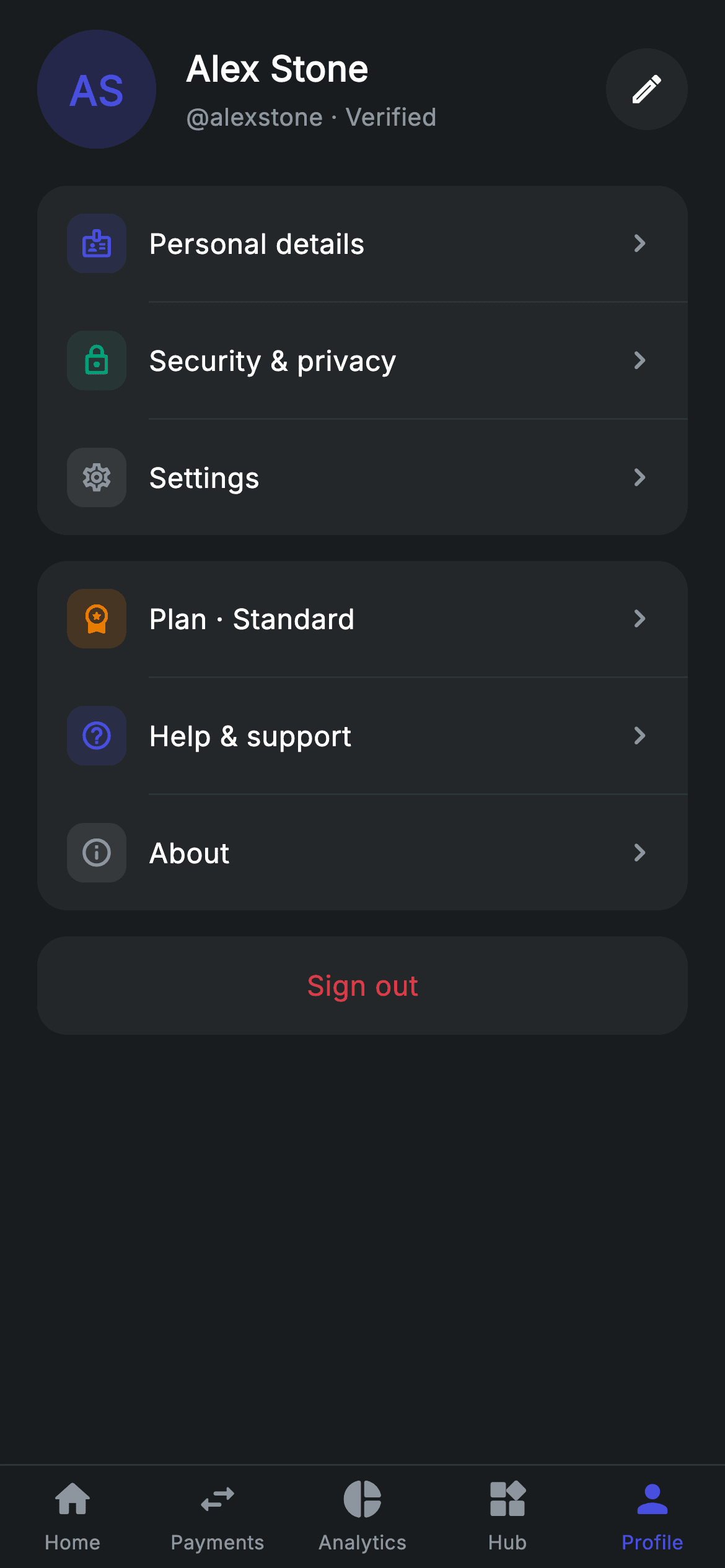 Profile Account Hub — Fintech Flutter screen
